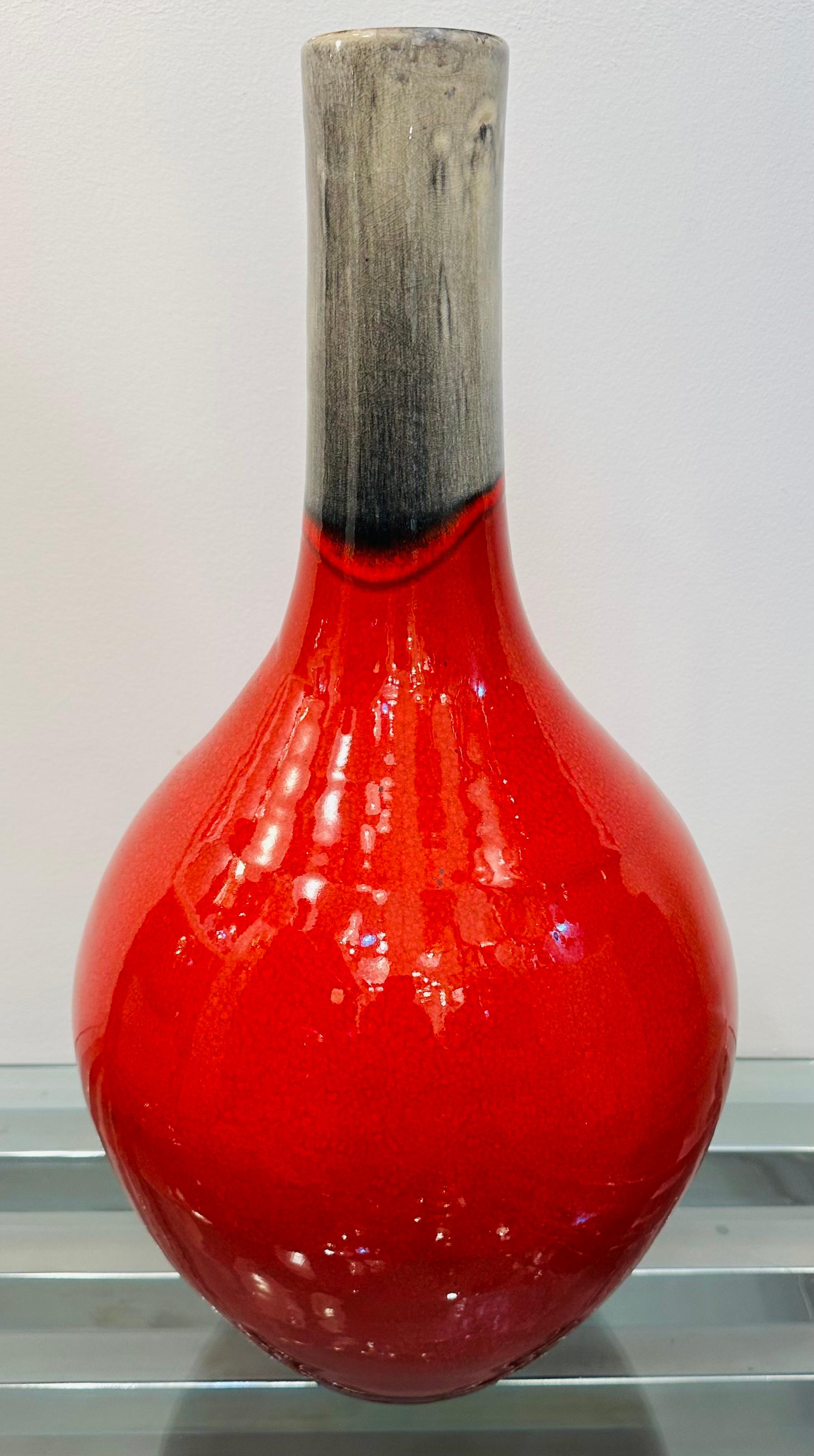 Mid-Century Modern 1970s Vintage Italian Mottled Red & Grey Molten Ceramic Highly Glazed Vase For Sale