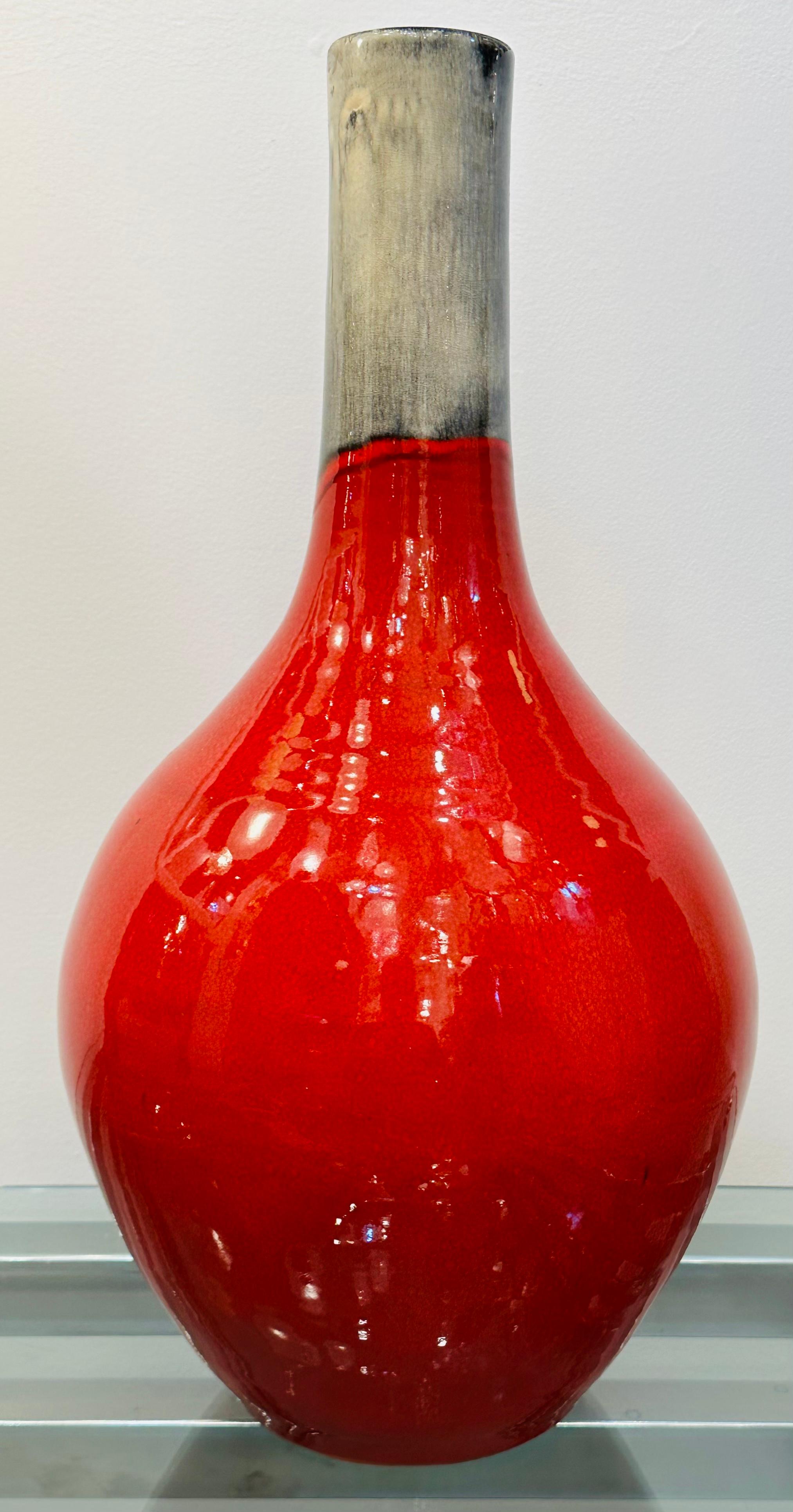 20th Century 1970s Vintage Italian Mottled Red & Grey Molten Ceramic Highly Glazed Vase For Sale