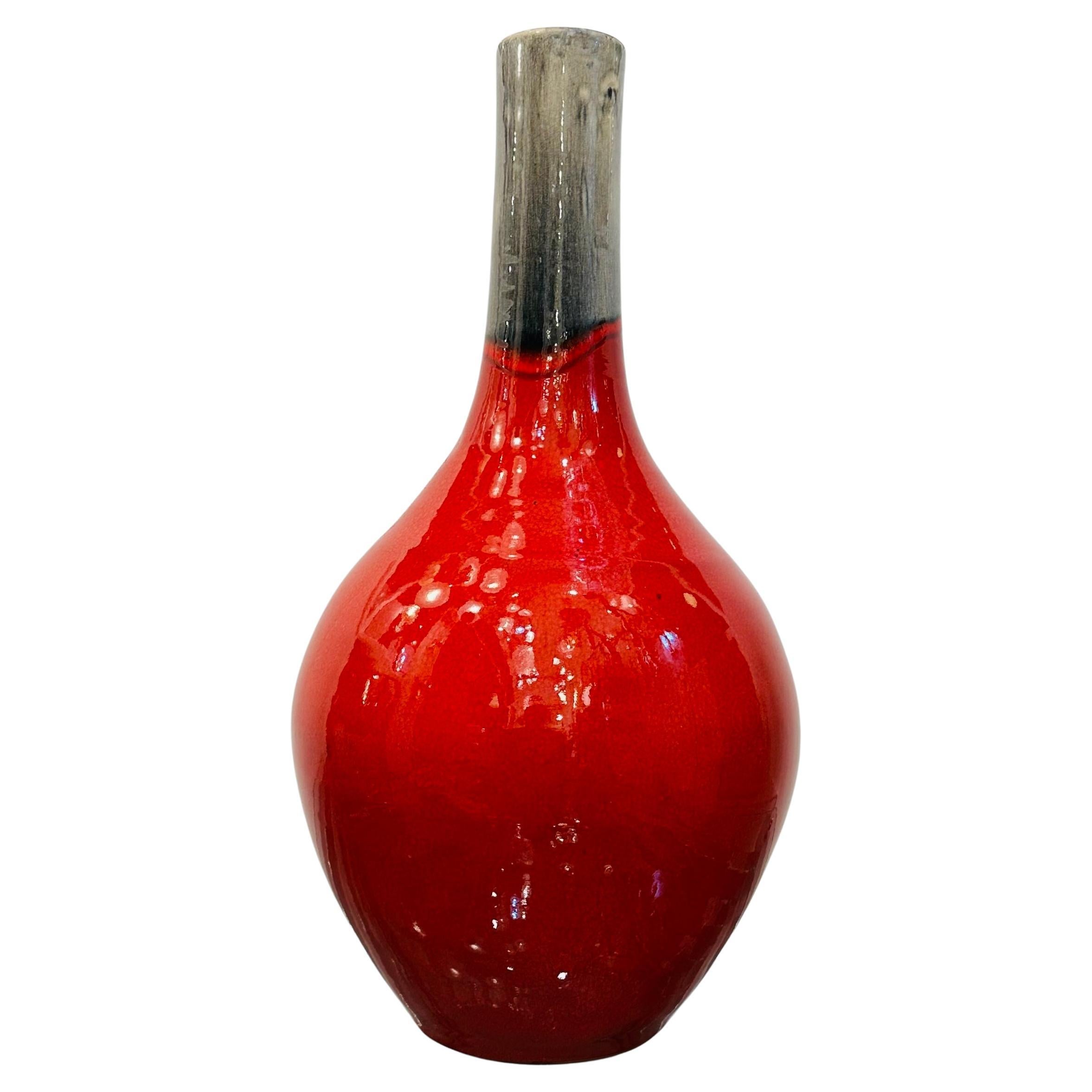 1970s Vintage Italian Mottled Red & Grey Molten Ceramic Highly Glazed Vase For Sale
