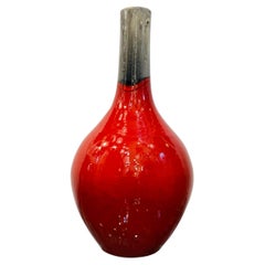 1970s Vintage Italian Mottled Red & Grey Molten Ceramic Highly Glazed Vase
