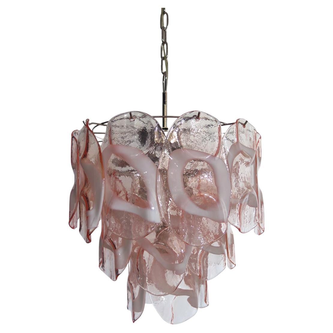 1970’s Vintage Italian Murano chandelier lamp in Vistosi style 23 pink glasses For Sale