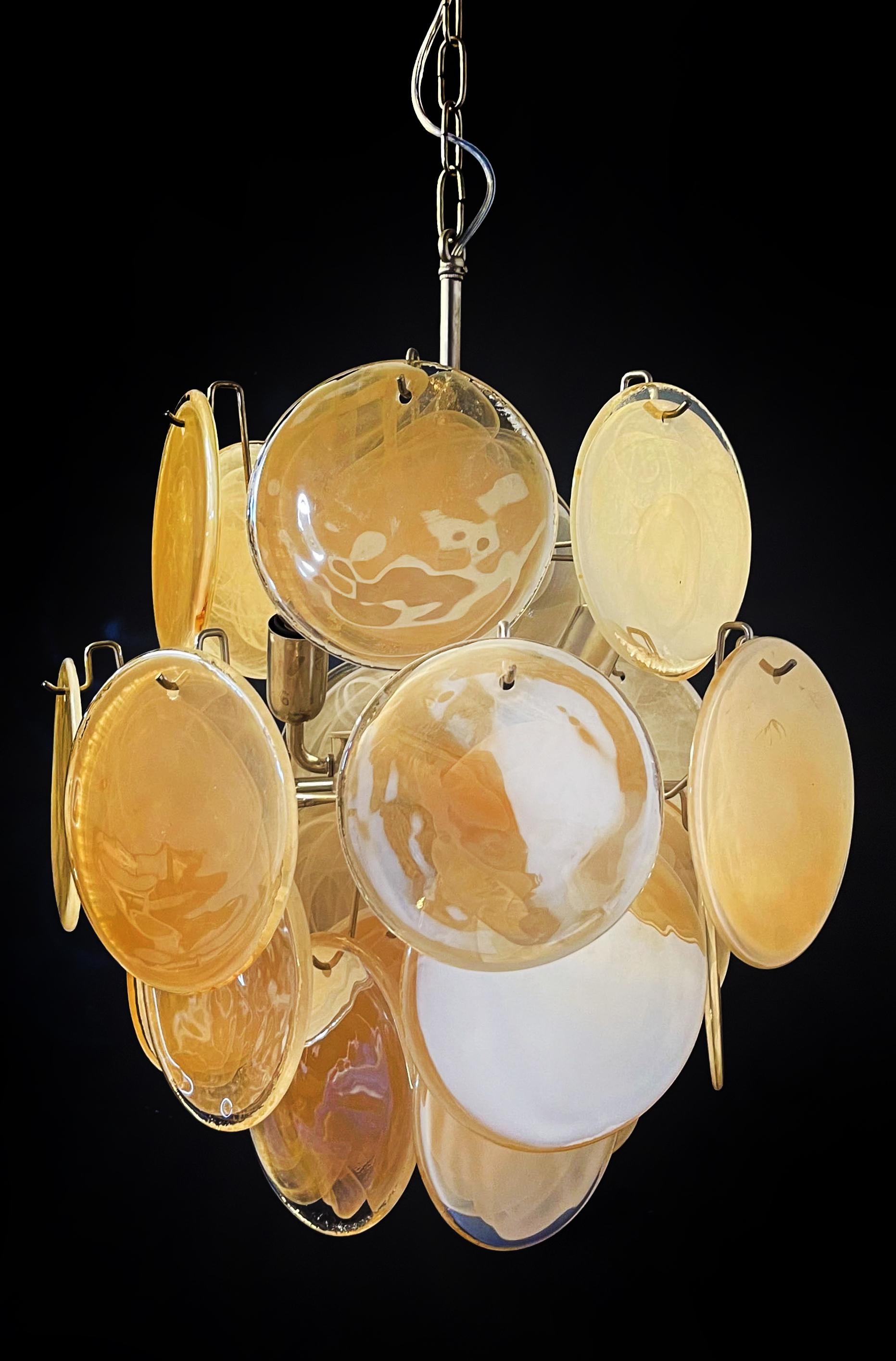 Mid-Century Modern 1970s Vintage Italian Murano Chandeliers, 24 Gold Disks For Sale