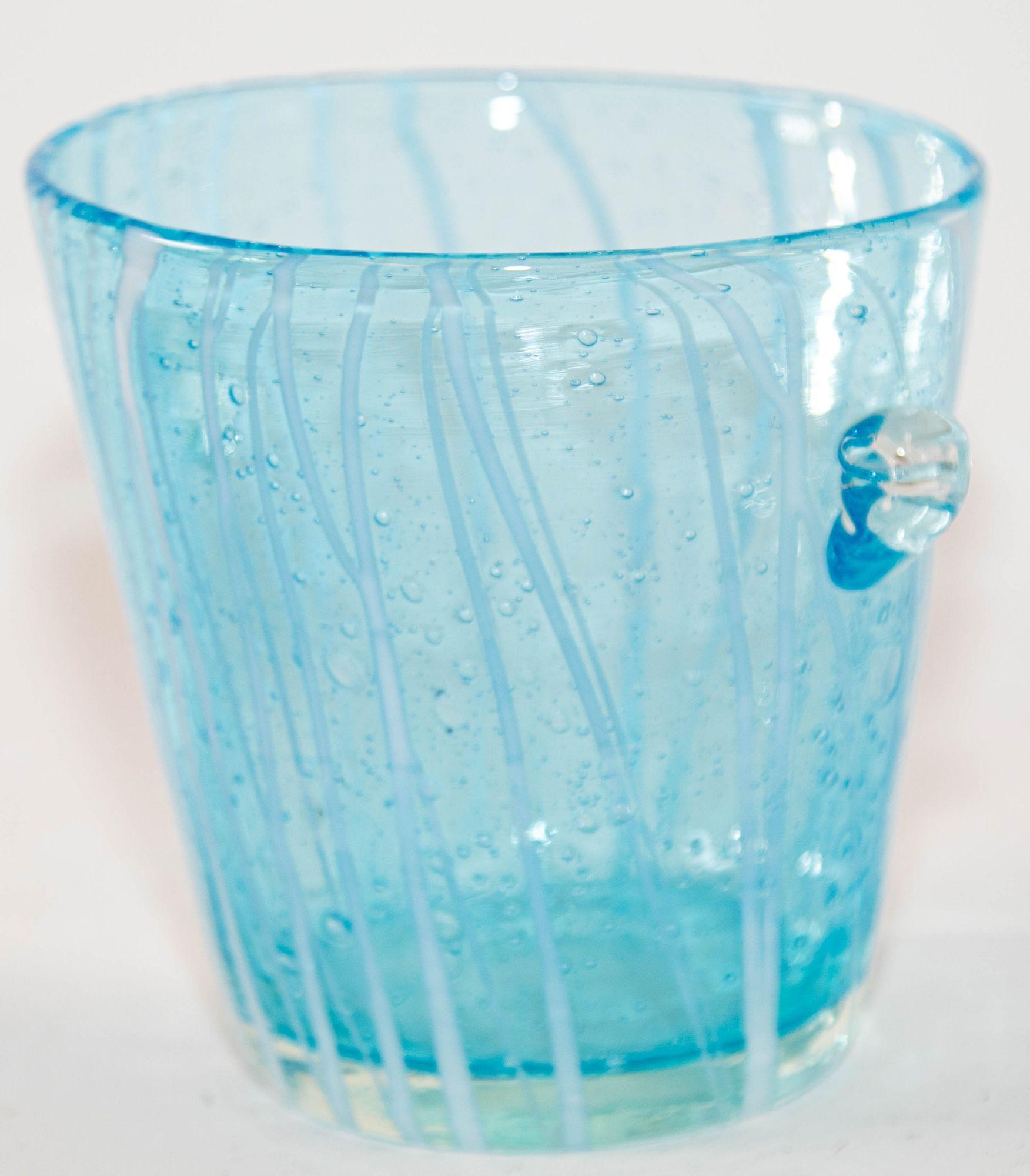 1970s Vintage Italian Murano Venini Venetian Art Glass Ice Bucket Blue and White For Sale 10