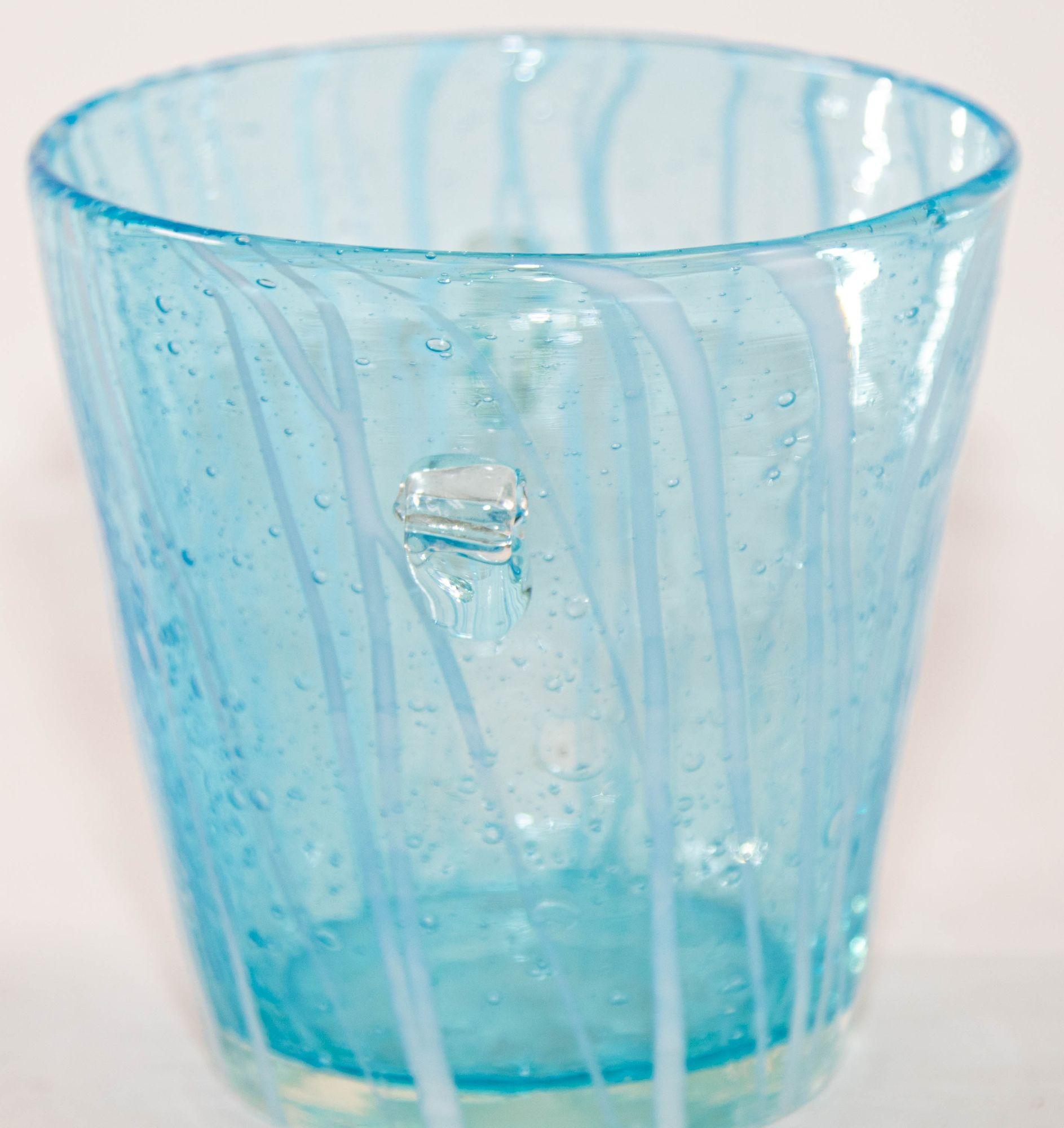 1970s Vintage Italian Murano Venini Venetian Art Glass Ice Bucket Blue and White For Sale 11