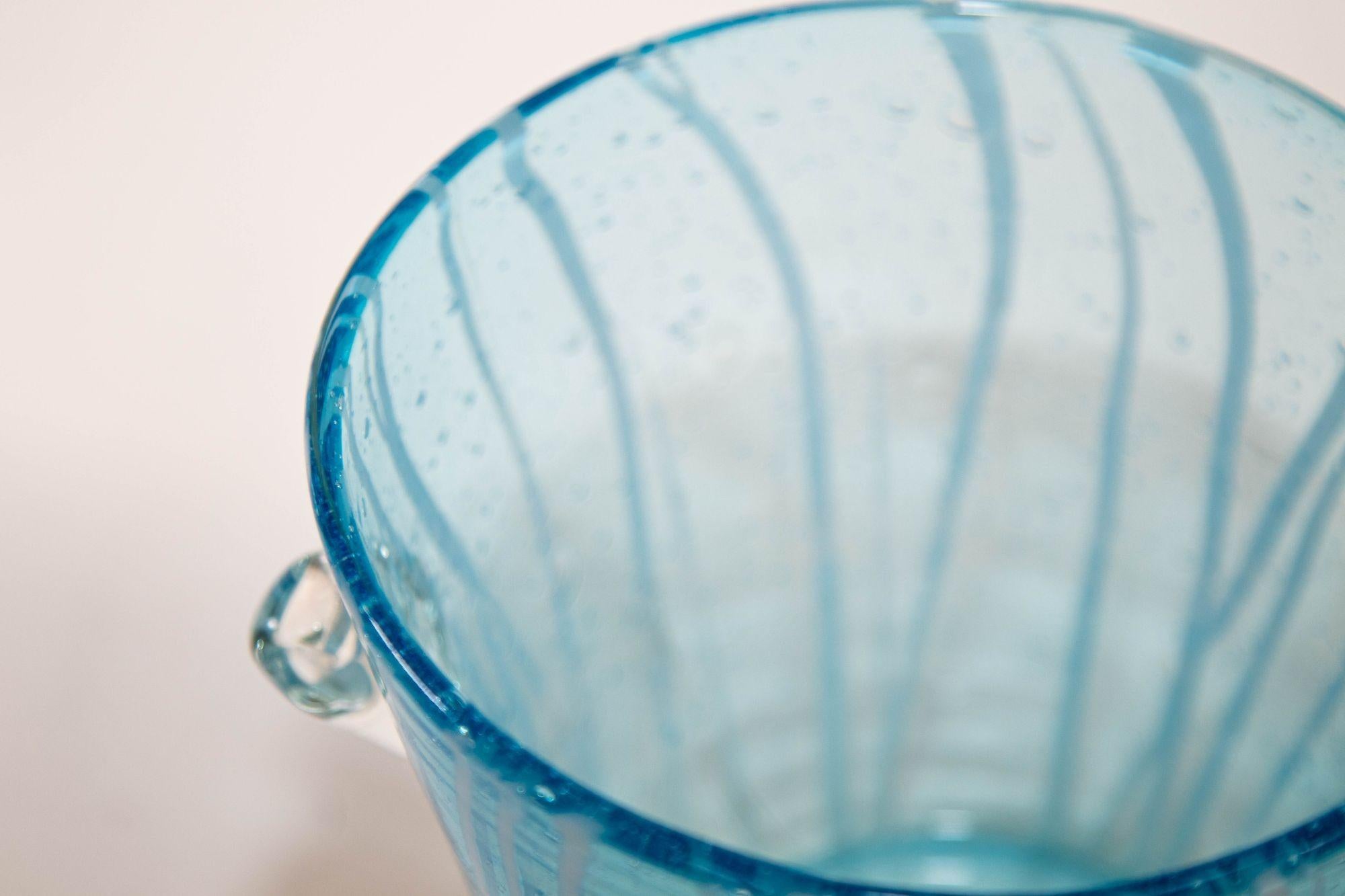 20th Century 1970s Vintage Italian Murano Venini Venetian Art Glass Ice Bucket Blue and White For Sale