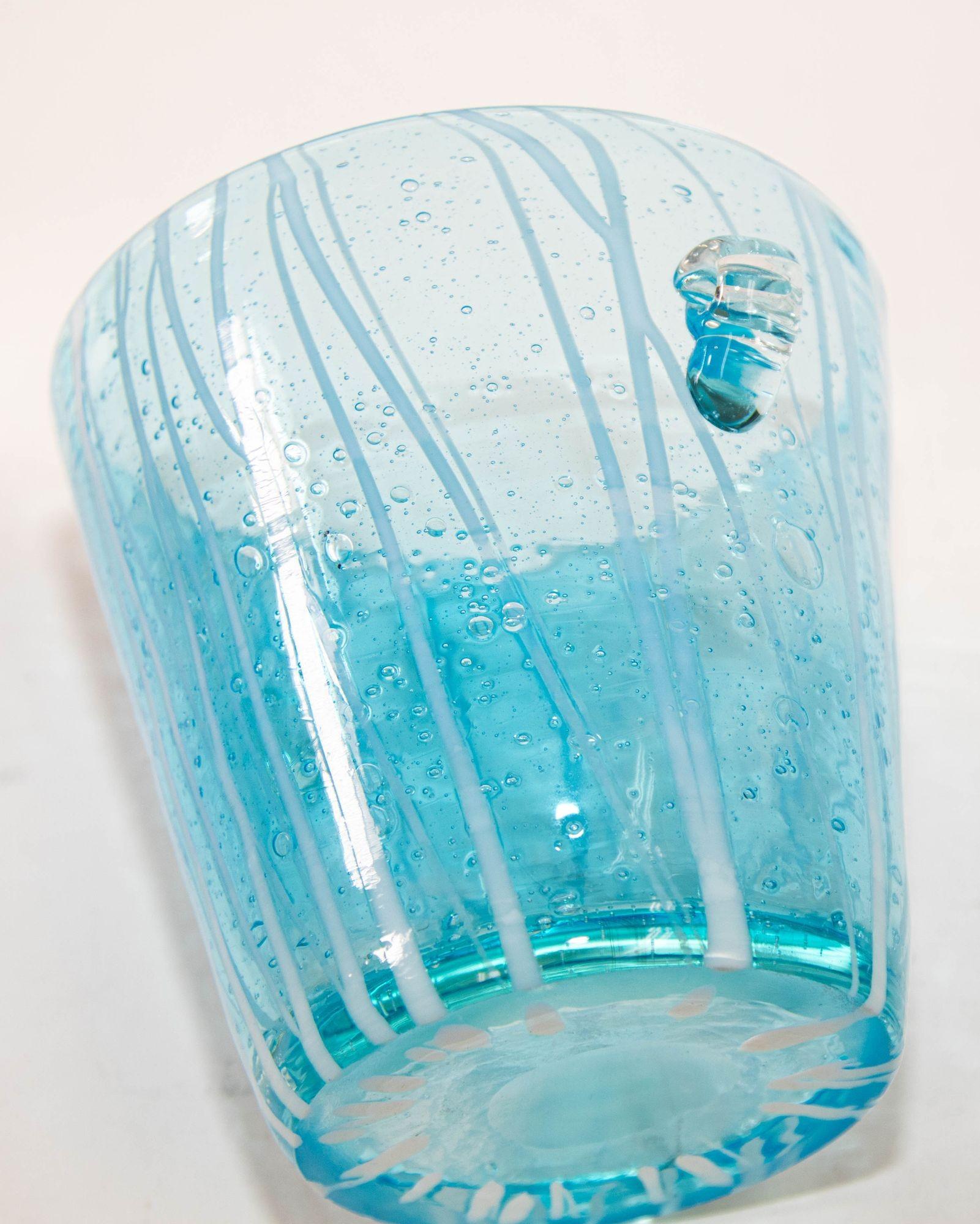 1970s Vintage Italian Murano Venini Venetian Art Glass Ice Bucket Blue and White For Sale 1