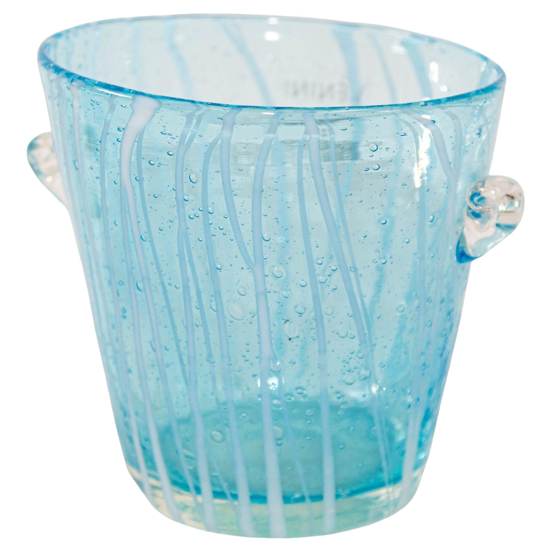 1970s Vintage Italian Murano Venini Venetian Art Glass Ice Bucket Blue and White For Sale
