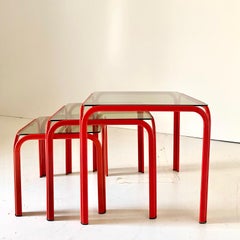 1970s Vintage Italian Nesting Tables with Red Iron Frame & Smoked Glass