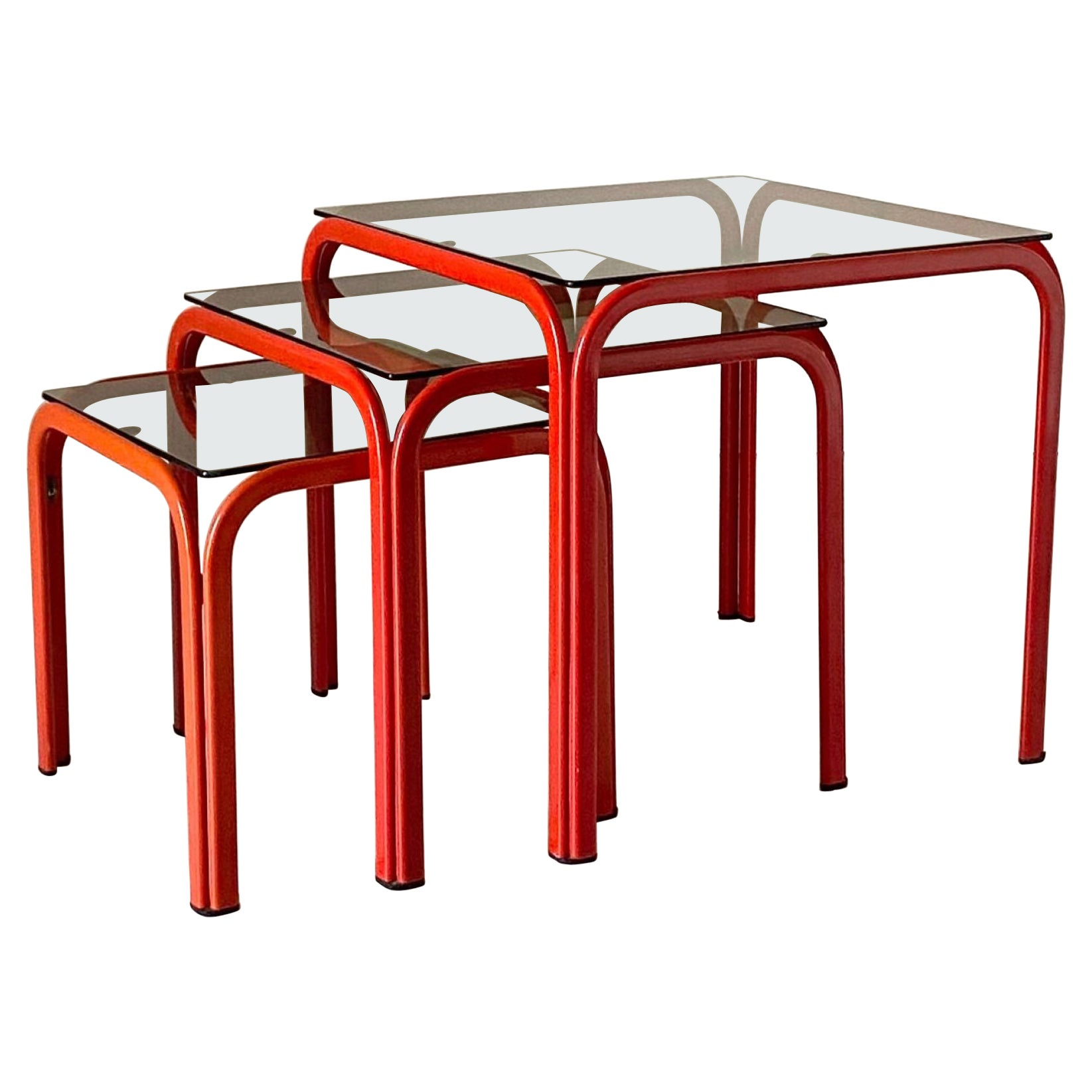 1970s Vintage Italian Nesting Tables with Red Iron Frame & Smoked Glass