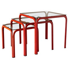 1970s Vintage Italian Nesting Tables with Red Iron Frame & Smoked Glass