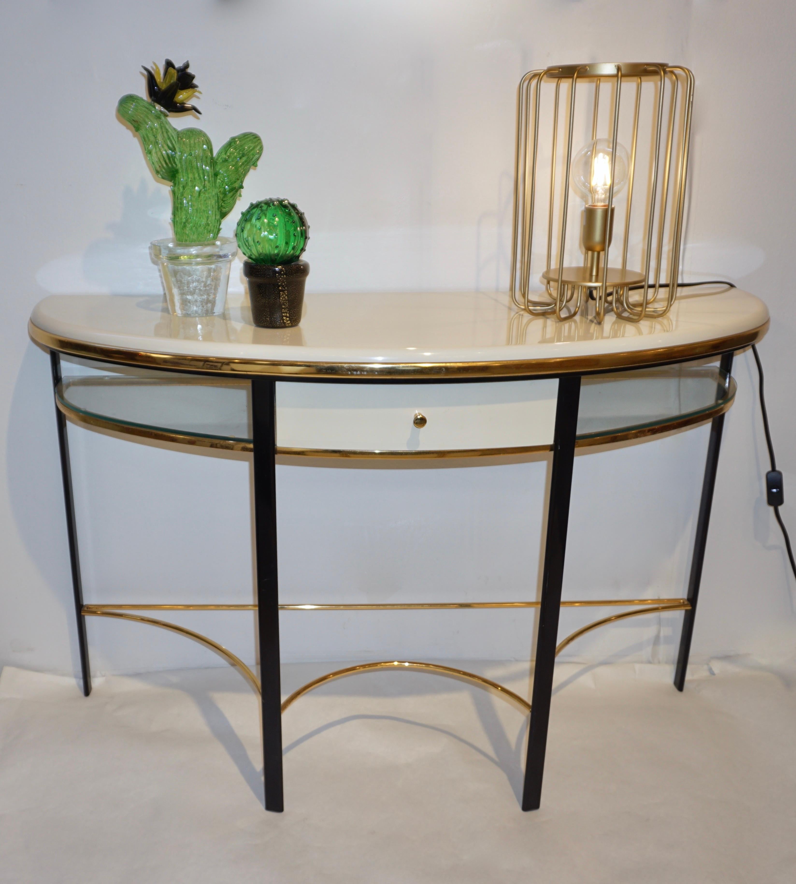 Mid-Century Modern 1970s Vintage Italian One-Drawer Black & Cream Lacquered Brass Demi Lune Console