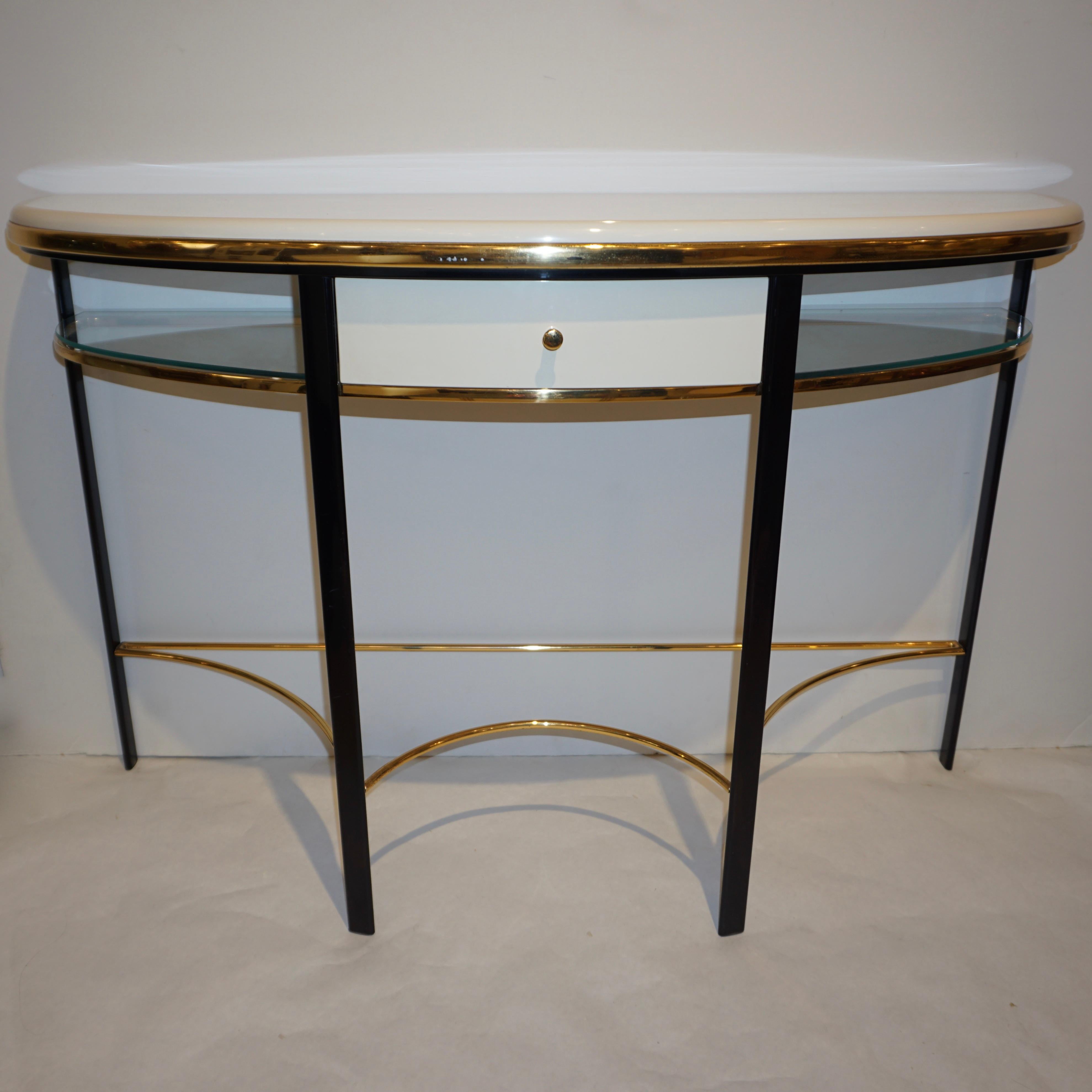 Hand-Crafted 1970s Vintage Italian One-Drawer Black & Cream Lacquered Brass Demi Lune Console