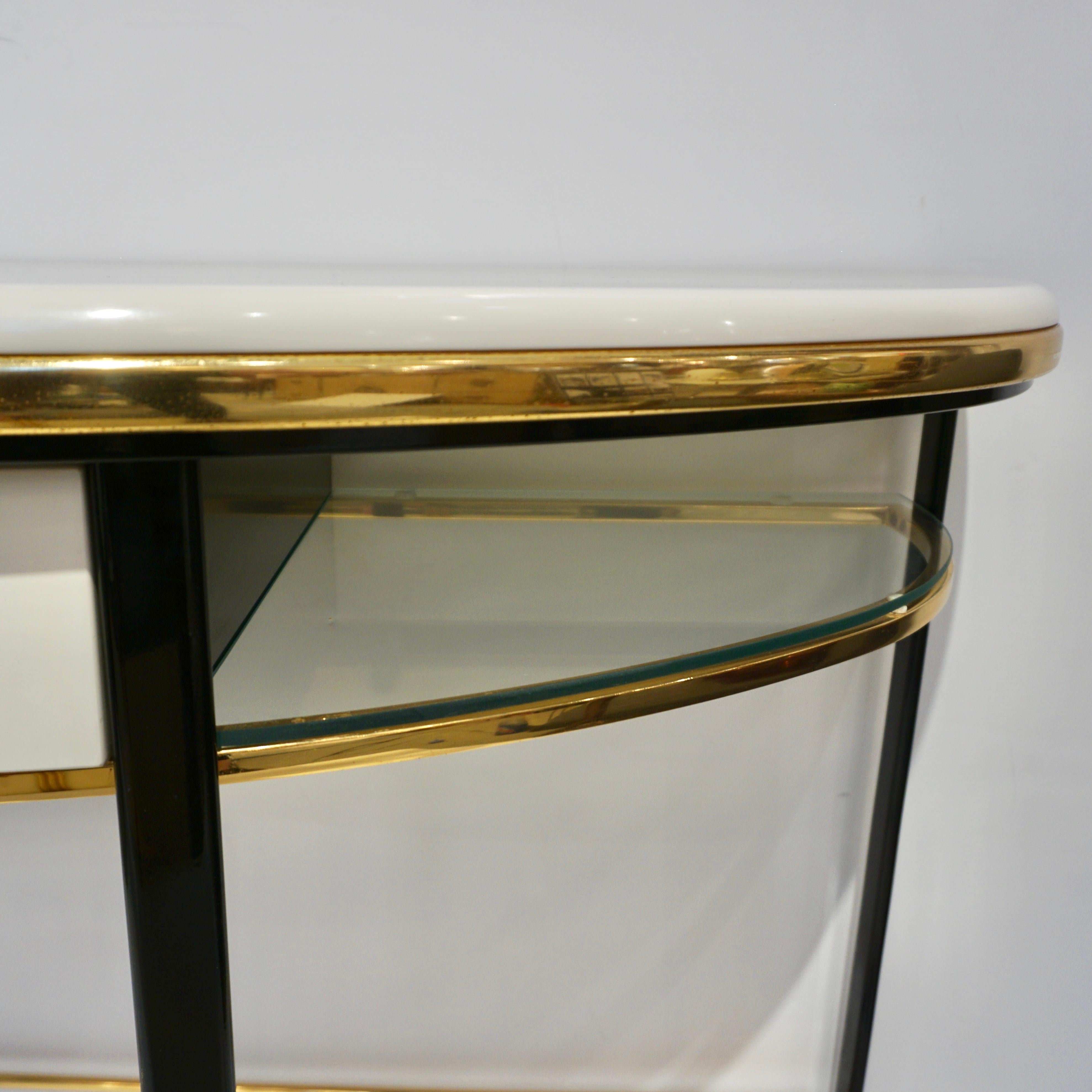 Late 20th Century 1970s Vintage Italian One-Drawer Black & Cream Lacquered Brass Demi Lune Console