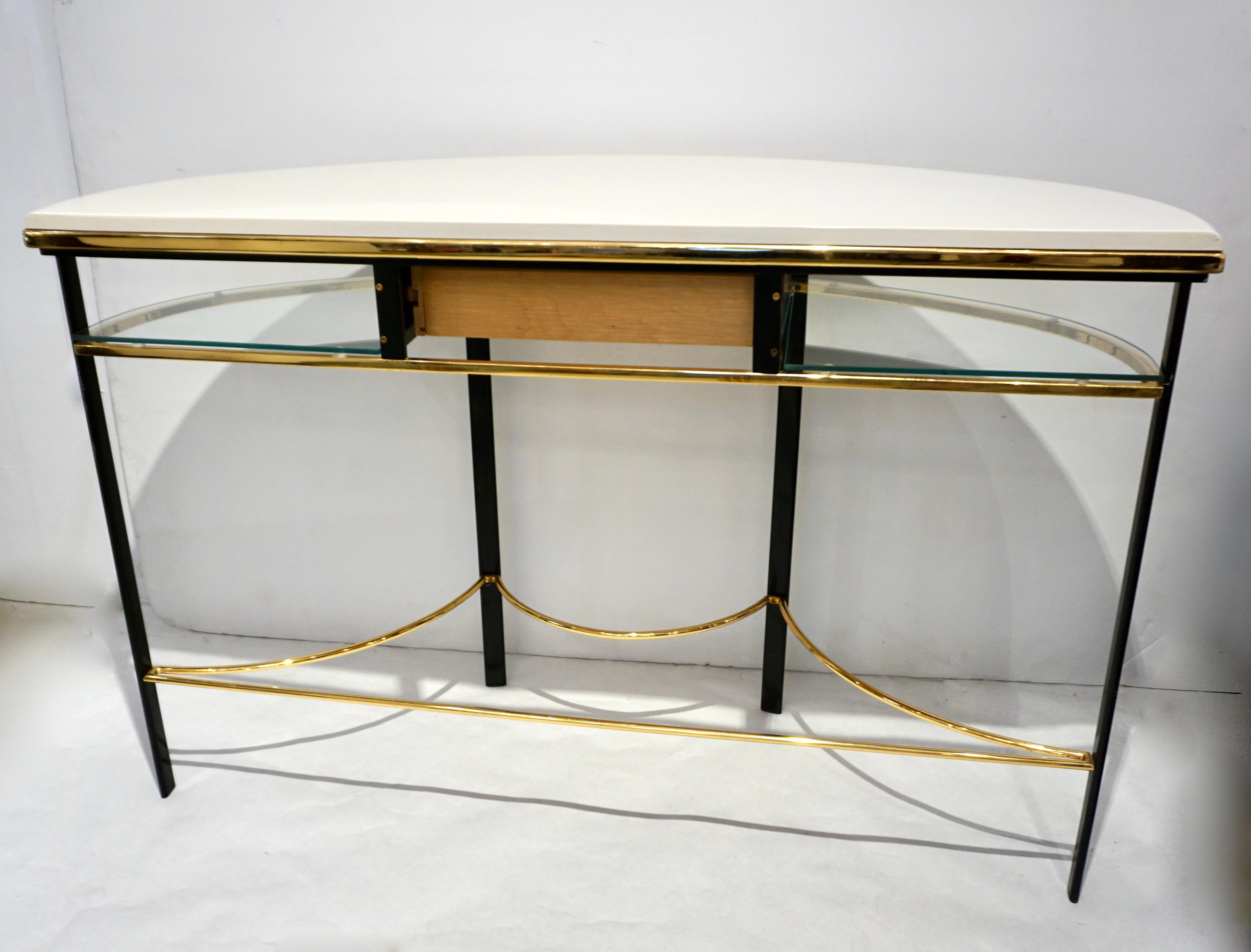 Cut Glass 1970s Vintage Italian One-Drawer Black & Cream Lacquered Brass Demi Lune Console