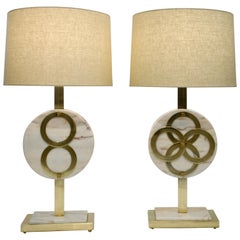 1970s Vintage Italian Pair of Modern Design Brass and Pink Carrara Marble Lamps