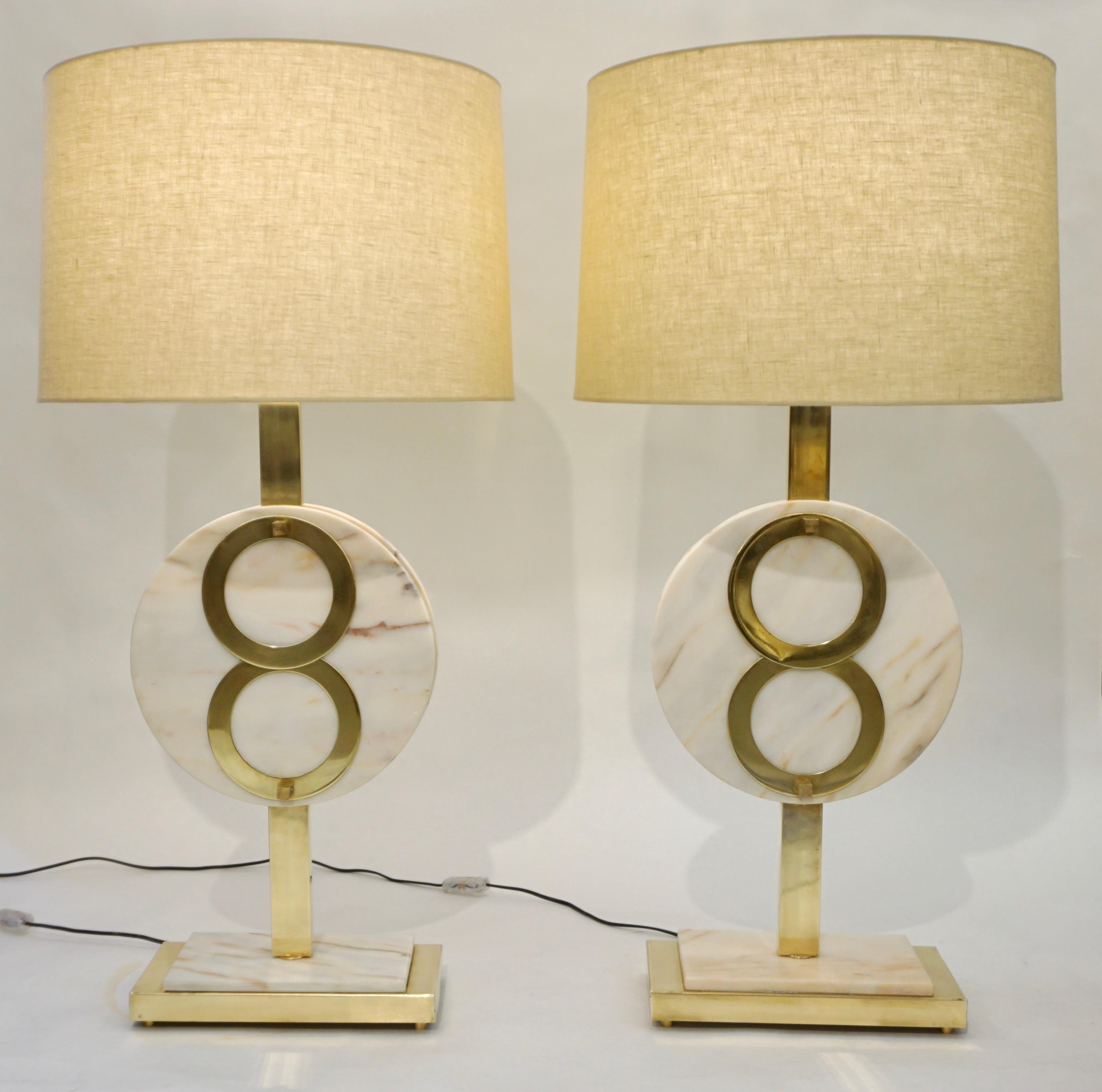 1970s Vintage Italian Pair of Modern Design Brass and Pink Carrara Marble Lamps 12