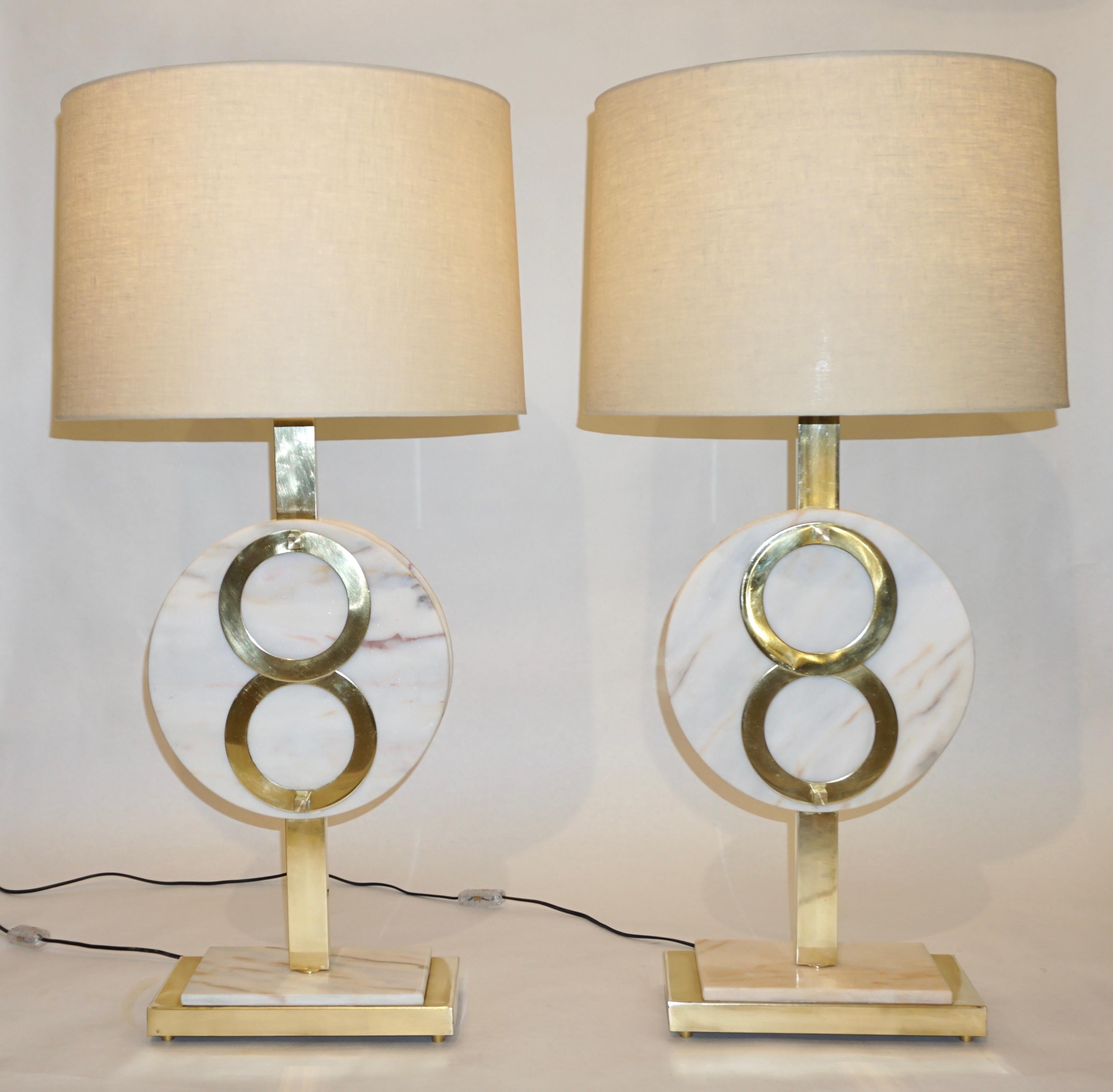 1970s Vintage Italian Pair of Modern Design Brass and Pink Carrara Marble Lamps 13