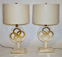1970s Vintage Italian Pair of Modern Design Brass and Pink Carrara Marble Lamps