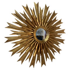1970 Vintage Italian Sunburst Gilded Wall Mirror (miroir mural doré)