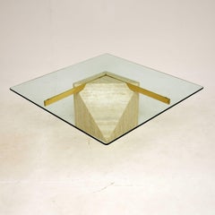 1970's Vintage Italian Travertine & Brass Coffee Table by Artedi