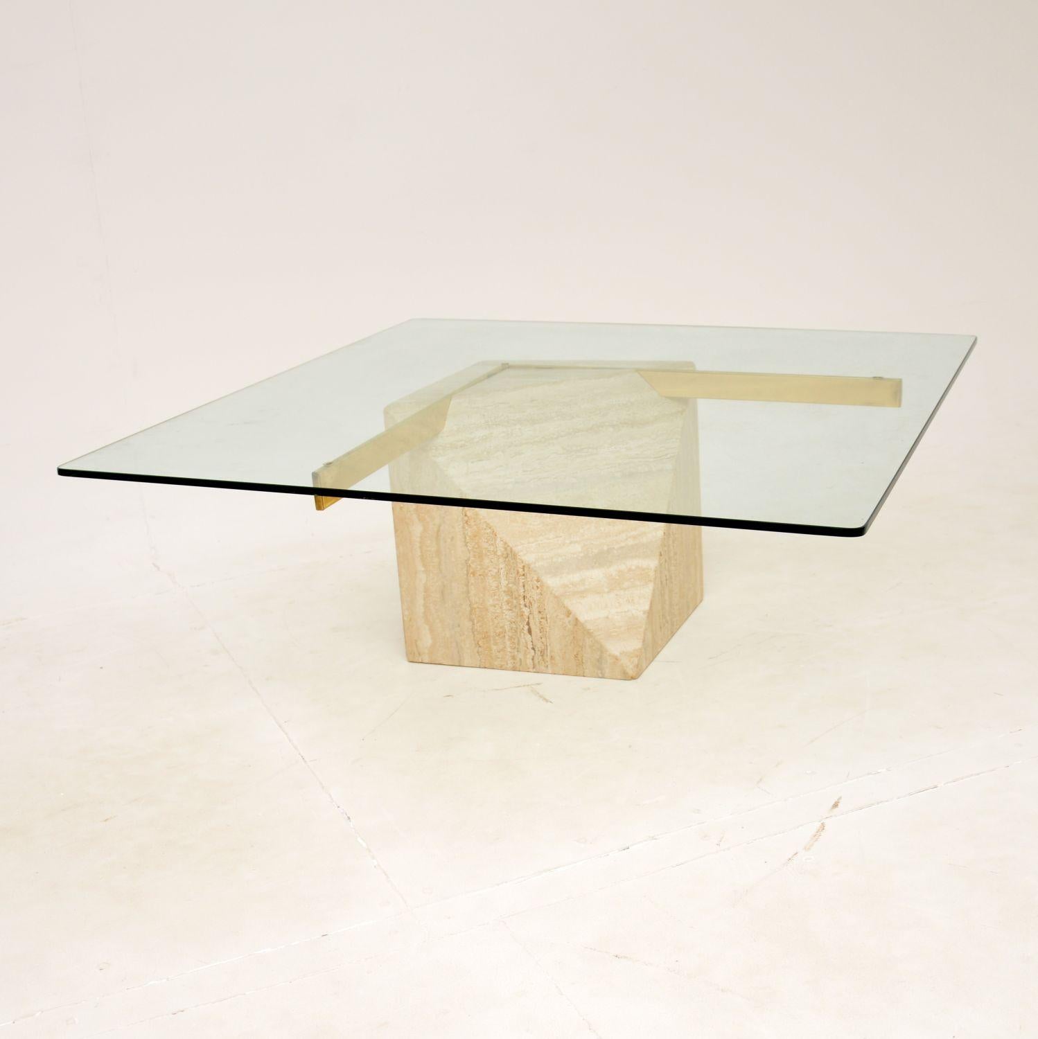 1970's Vintage Italian Travertine & Brass Coffee Table by Artedi In Good Condition In London, GB