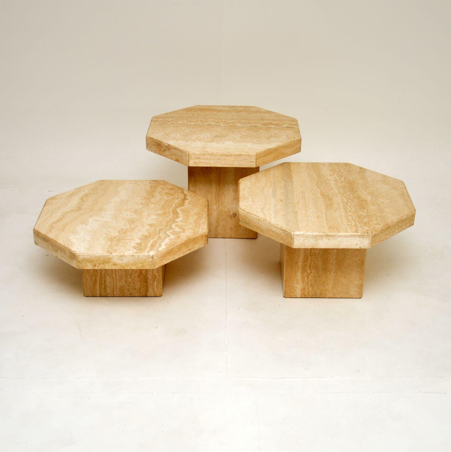 A beautiful set of Italian solid travertine coffee / side tables, dating from the 1970’s, made by Stone International.

They have a stylish and very useful design, the octagonal tops are all the same size and sit on pedestal bases of varying