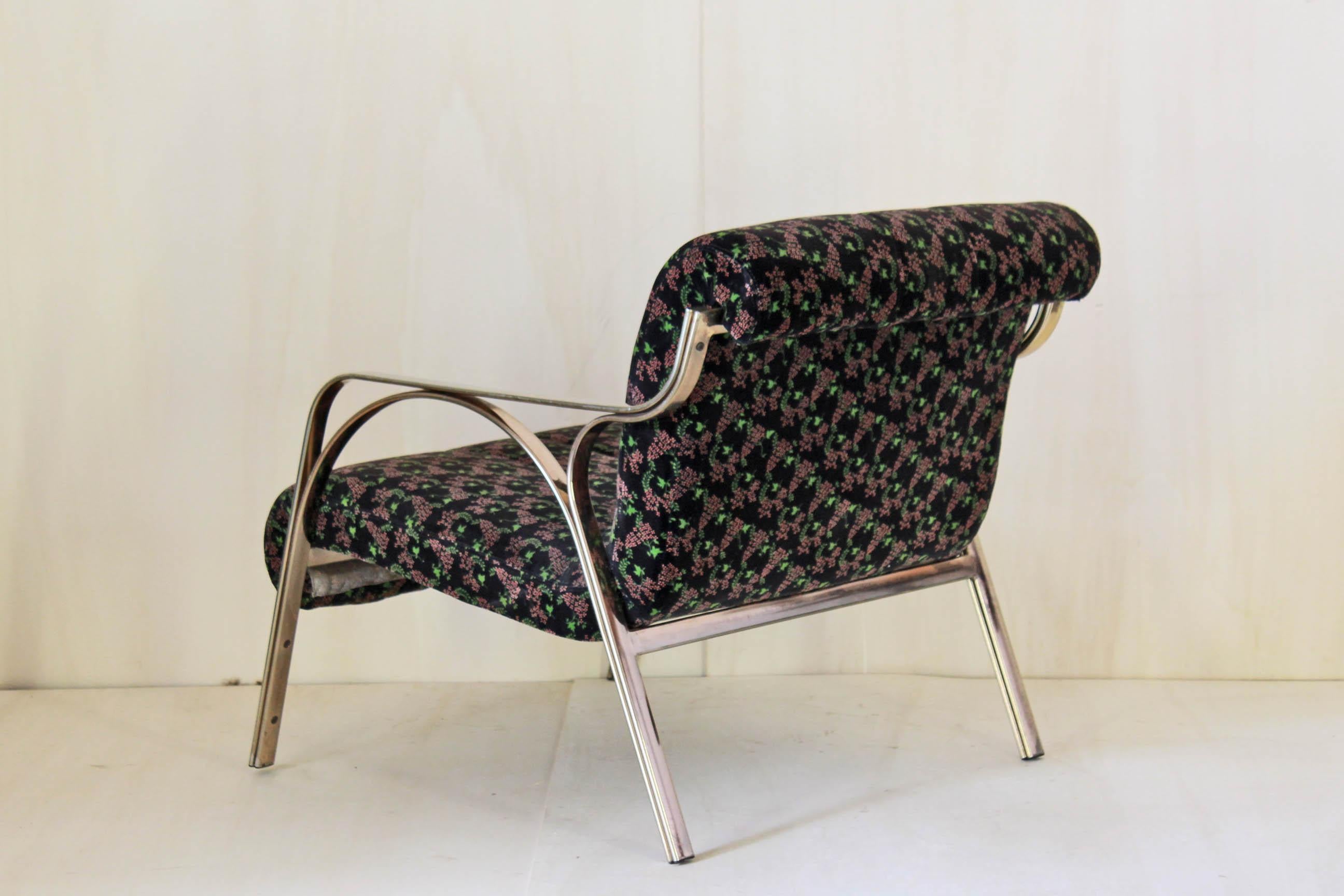 Late 20th Century 1970s Vintage Italian Armchair with Velvet Cover and Goldenrod Structure