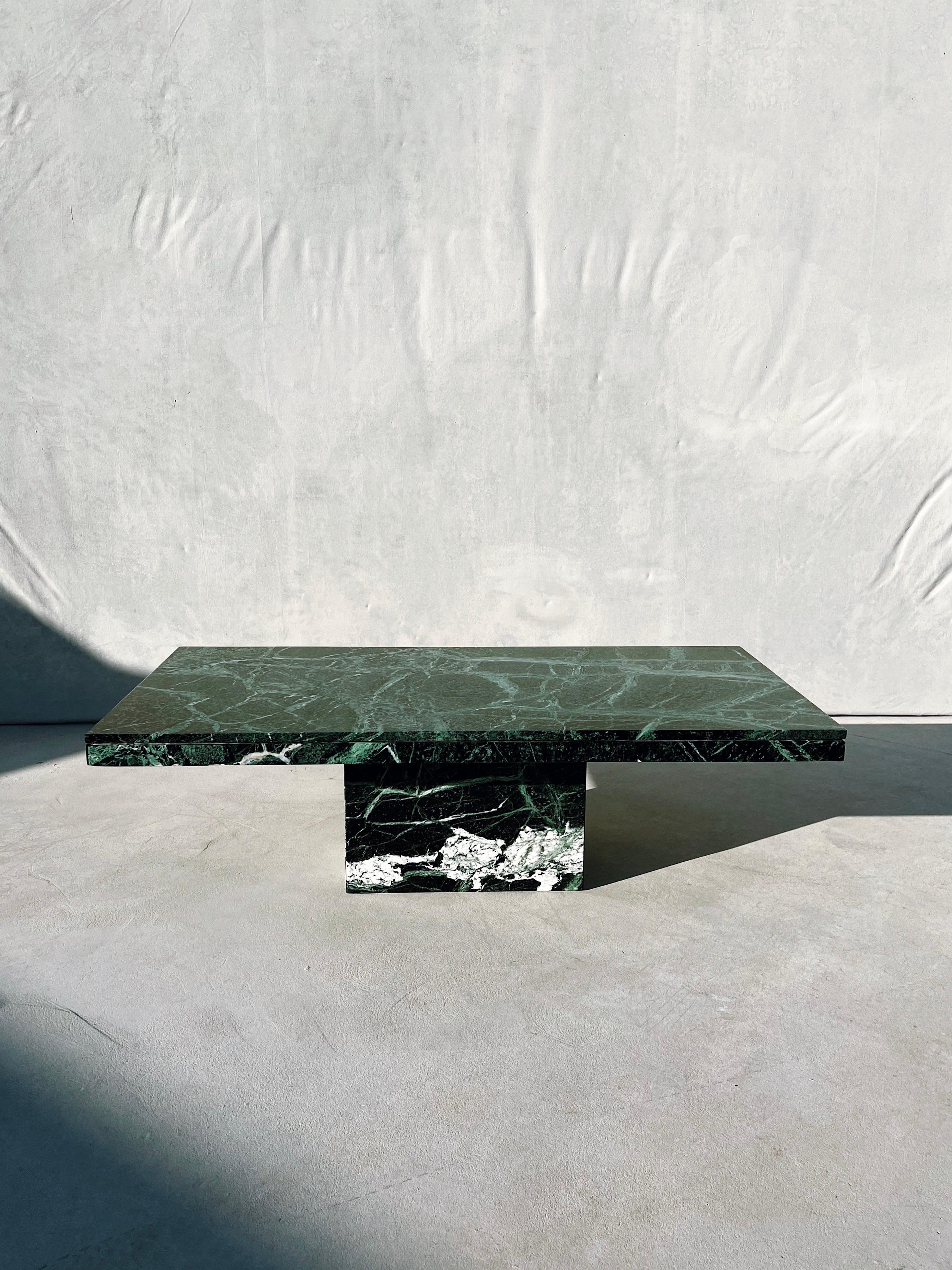 1970s Vintage Italian Green Verde Alpi marble rectangle coffee table

This Italian vintage coffee table is made of the ever-so-coveted Verde Alpi marble and it is sensational.
This type of marble dances with intricate veining, reminiscent of