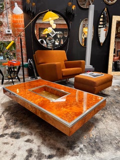 1970 Vintage Italian Walnut & Brass Coffee Table by Willy Rizzo