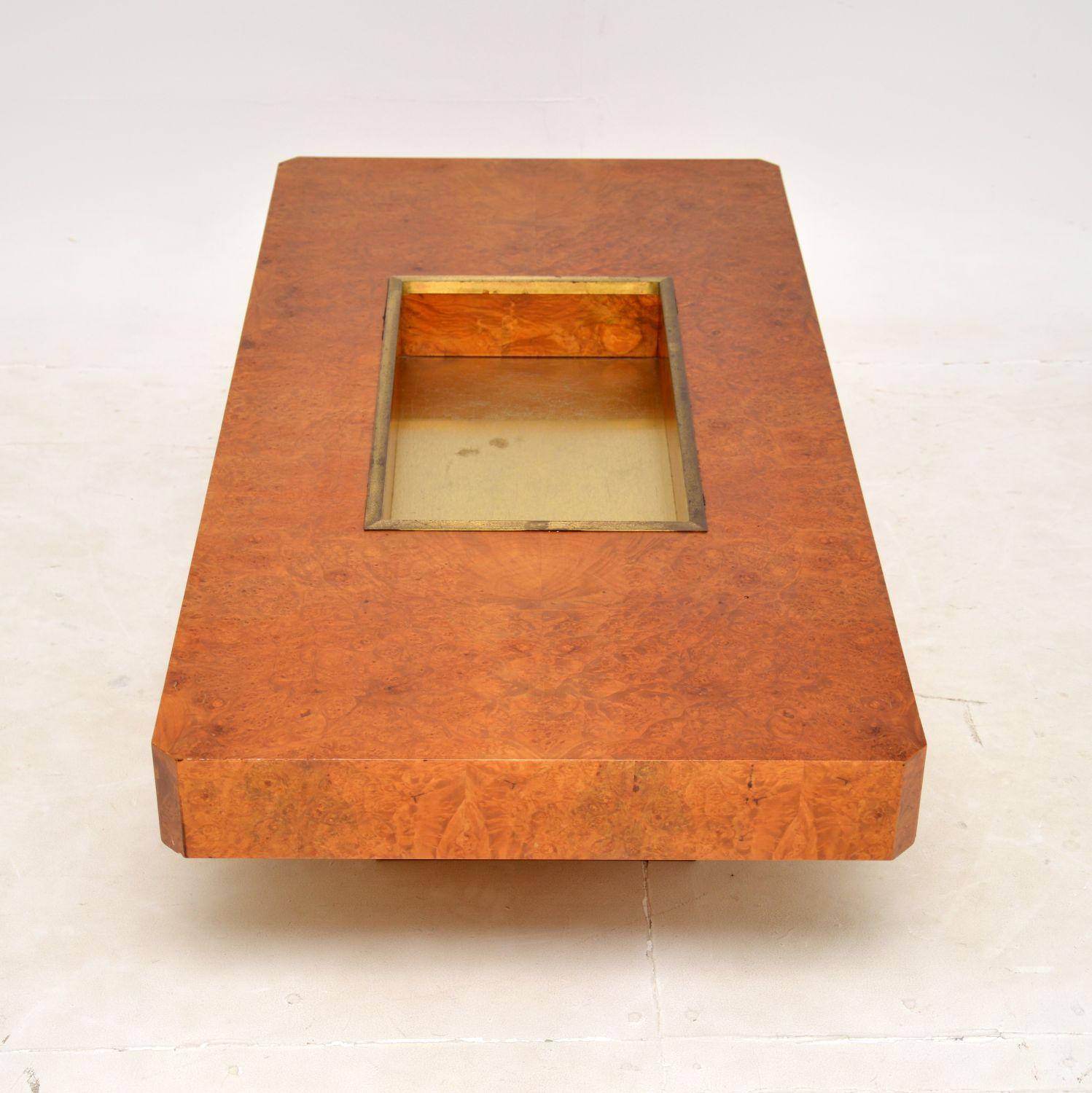 Late 20th Century 1970s Vintage Italian Walnut & Brass Coffee Table For Sale