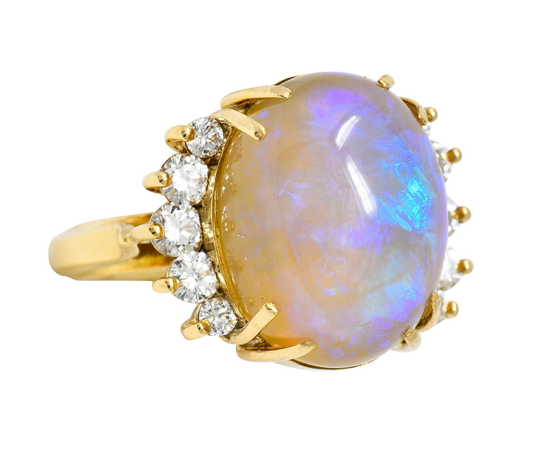 Contemporary 1970's Vintage Jelly Opal Diamond 18 Karat Gold Gemstone Ring