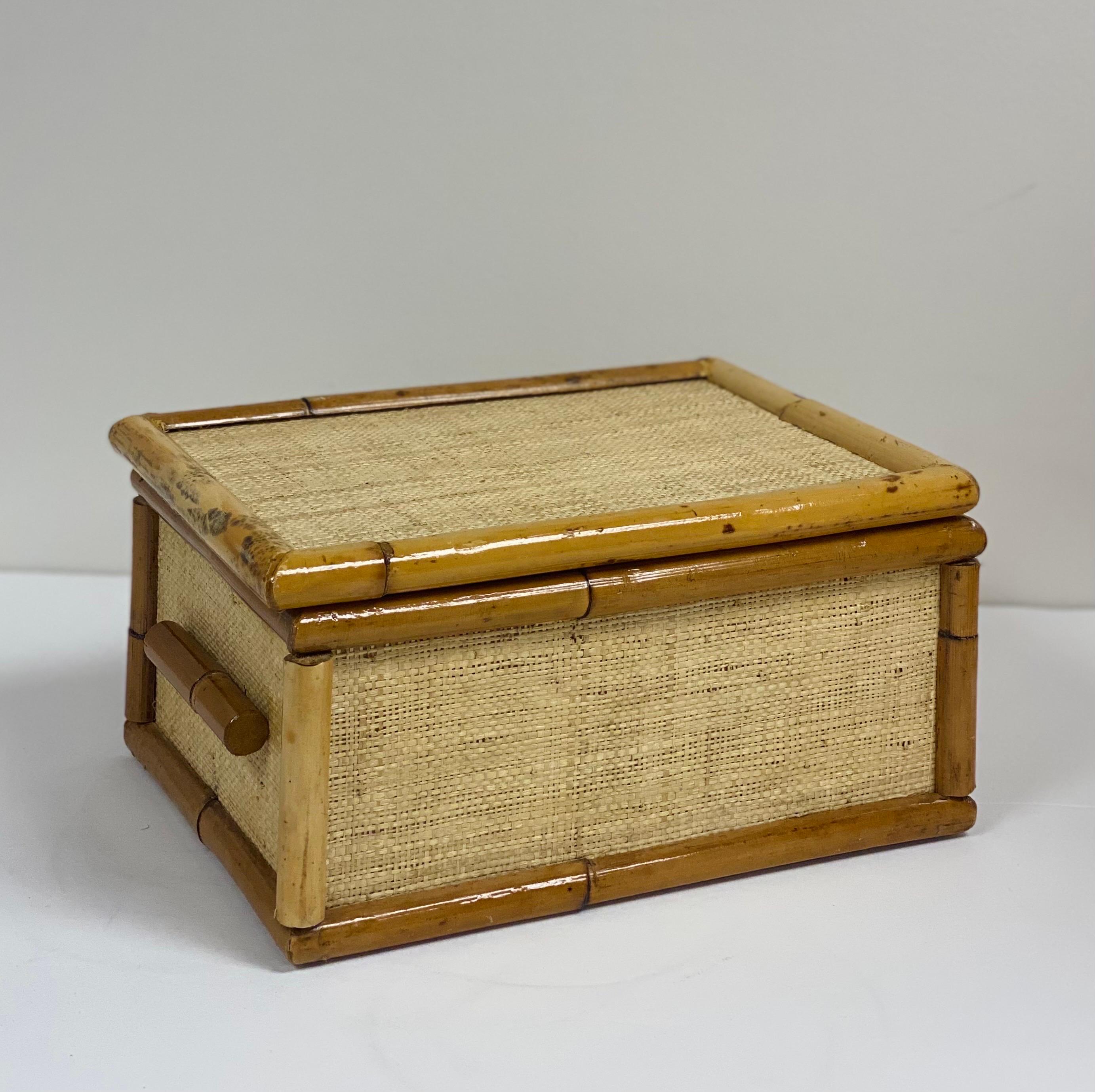 Bohemian 1970s Vintage Jute Grasscloth and Bamboo Rectangular Decorative Box
