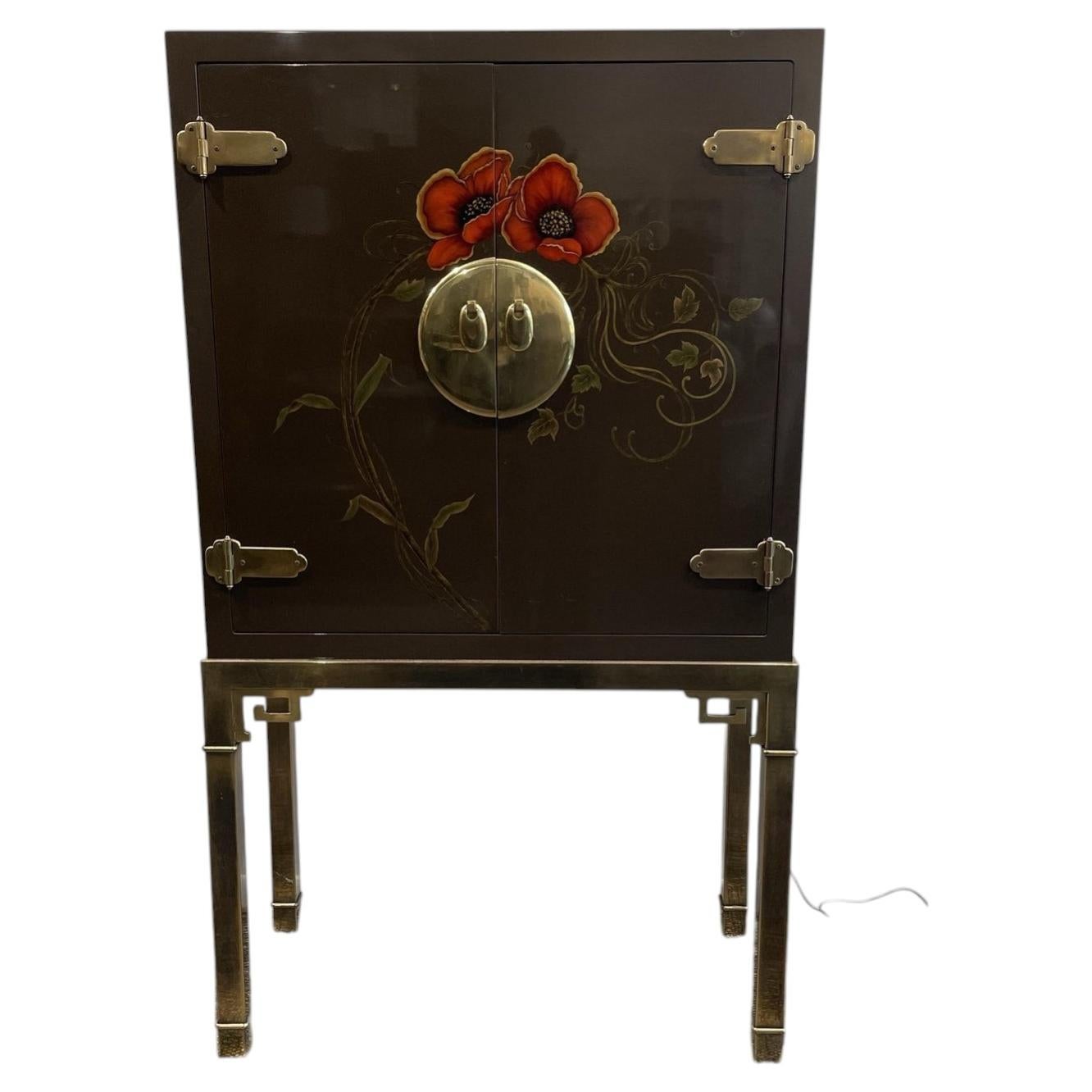 1970s Vintage Lacquer and Brass Bar Cabinet in the Manner of Mastercraft