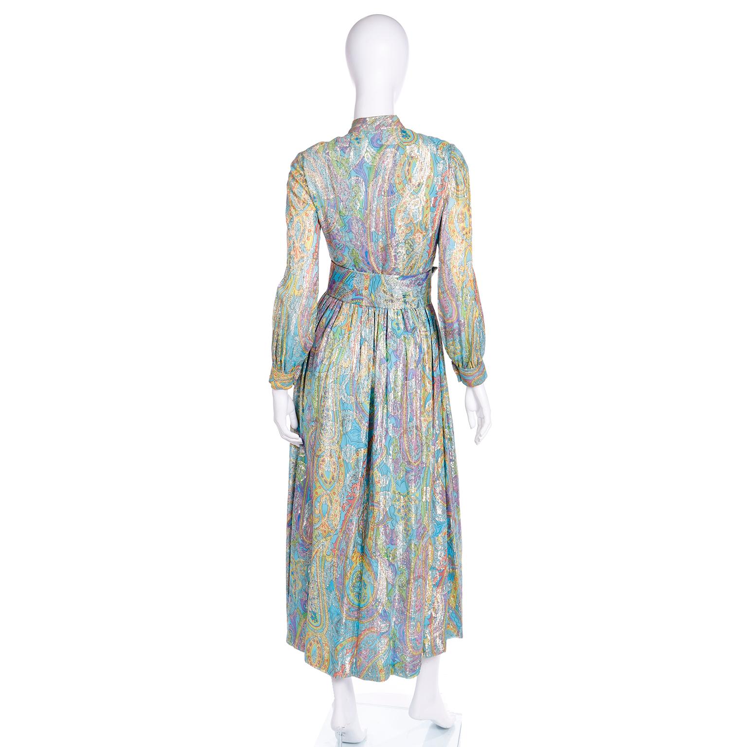 1970s Vintage Larry Aldrich Blue Yellow Pink & Purple Maxi Dress w Gold Metallic In Excellent Condition For Sale In Portland, OR