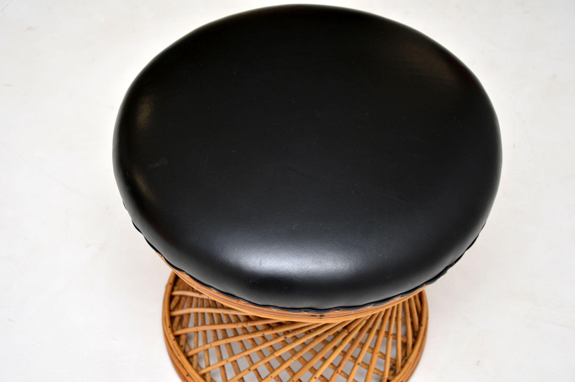 Mid-Century Modern 1970's Vintage Leather, Bamboo & Wicker Stool For Sale