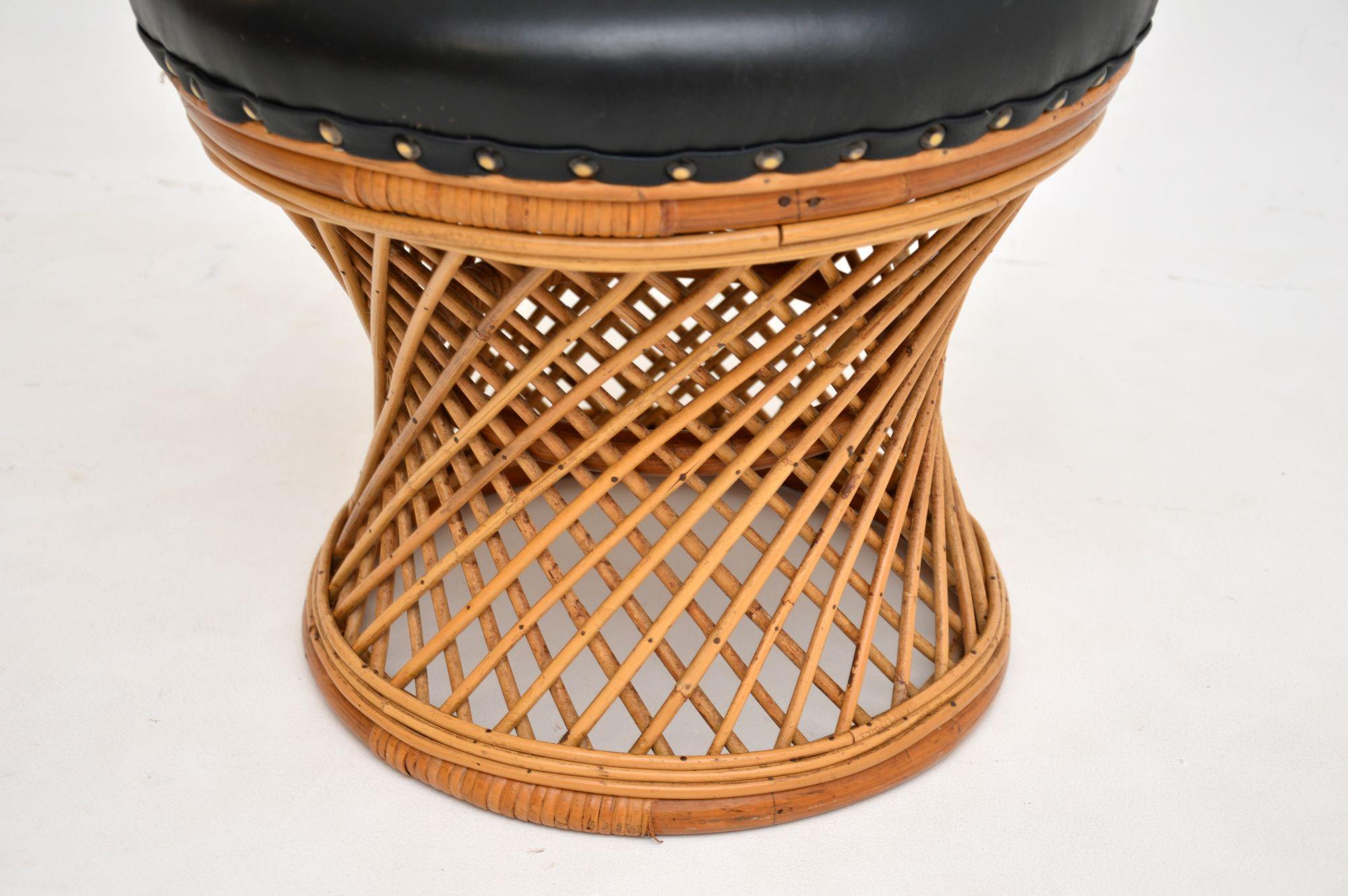 English 1970's Vintage Leather, Bamboo & Wicker Stool For Sale