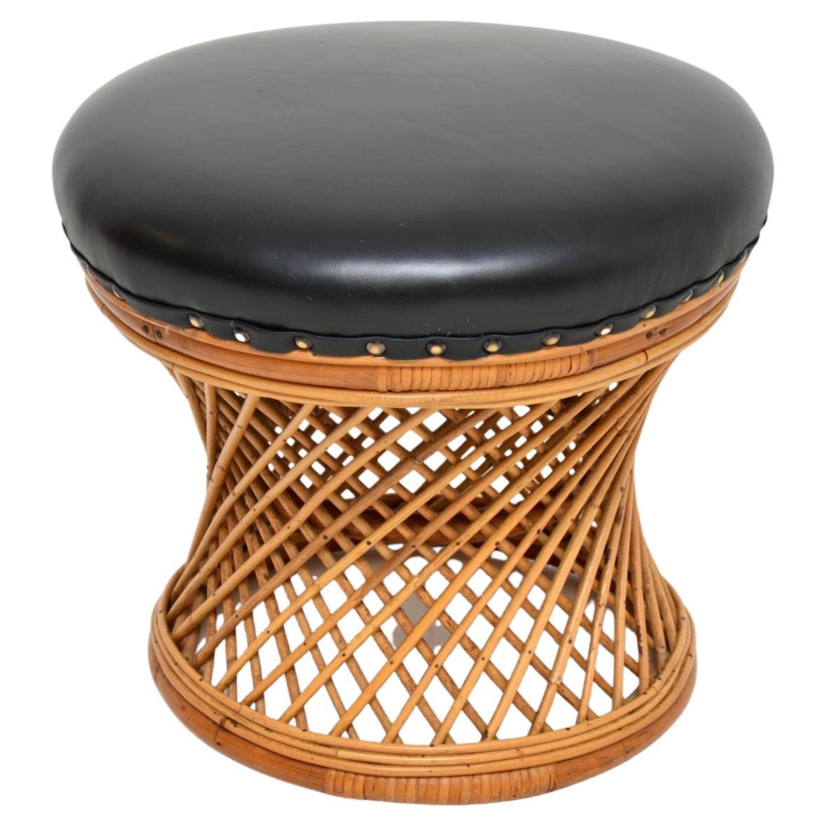 1970's Vintage Leather, Bamboo & Wicker Stool For Sale