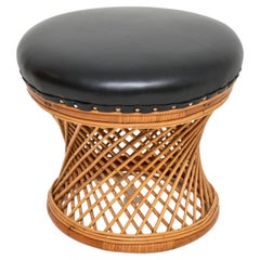1970's Vintage Leather, Bamboo & Wicker Stool