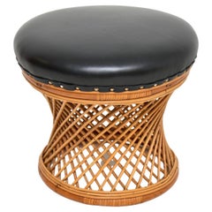 Tabouret vintage en cuir, bambou et osier des années 1970