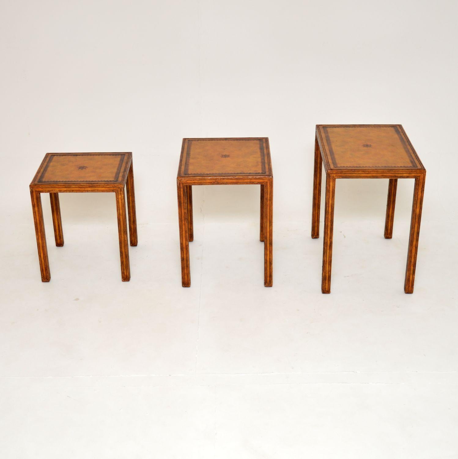 Neoclassical 1950's Vintage Leather Bound Nest of Tables For Sale