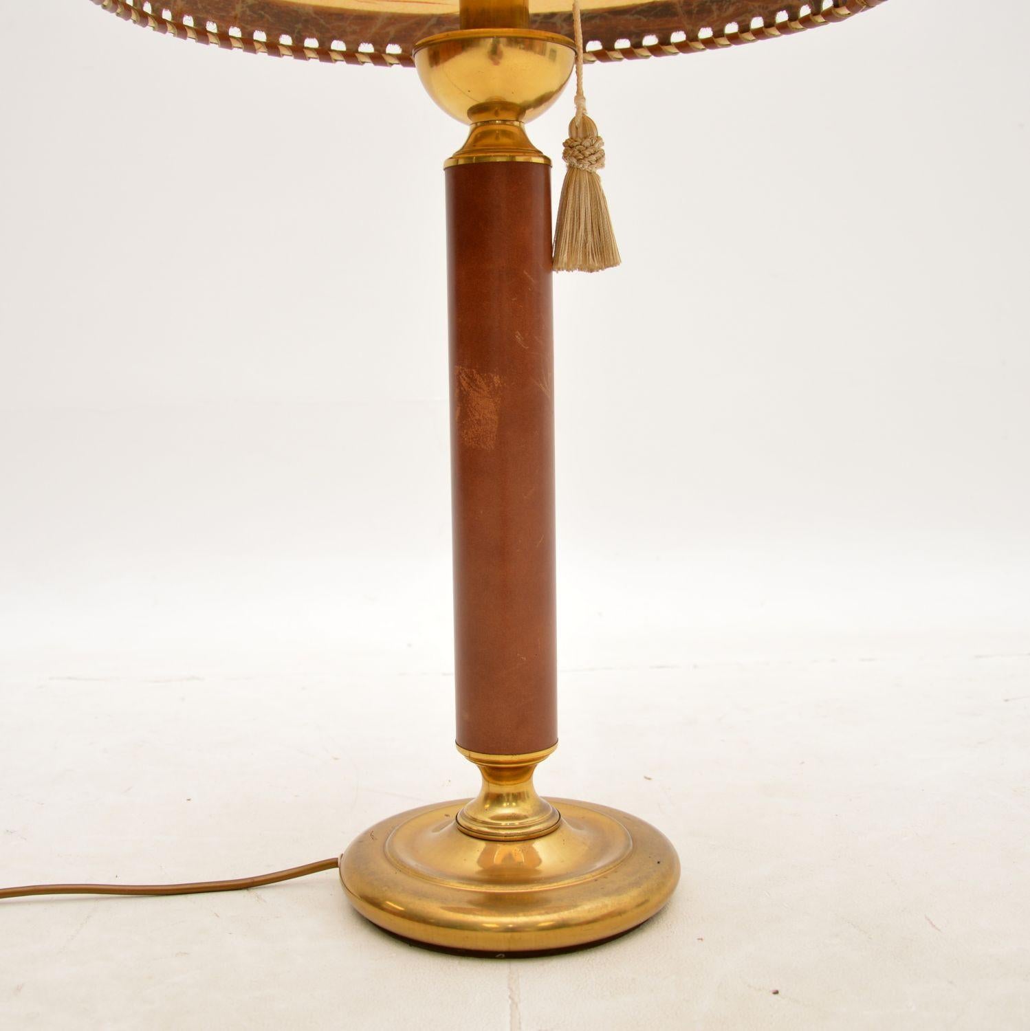 1970s Vintage Leather & Brass Table Lamp 1