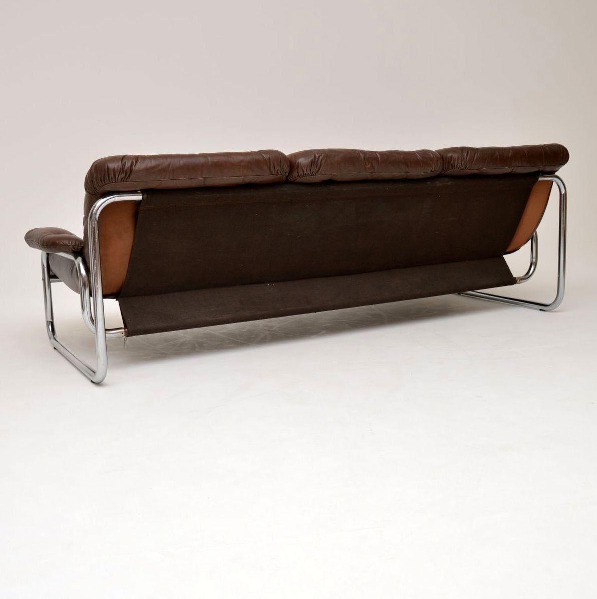 1970s Vintage Leather and Chrome Sofa by Rodney Kinsman for OMK at