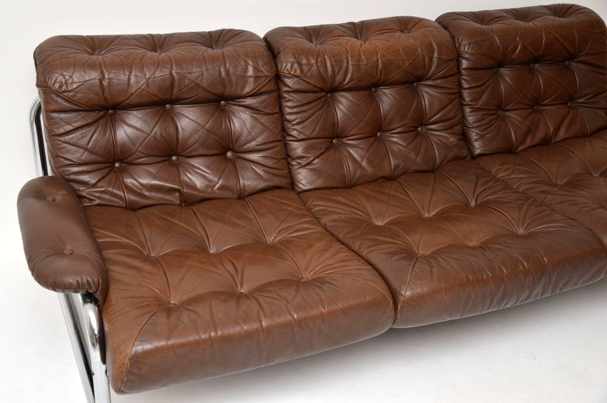 1970s Vintage Leather and Chrome Sofa by Rodney Kinsman for OMK at