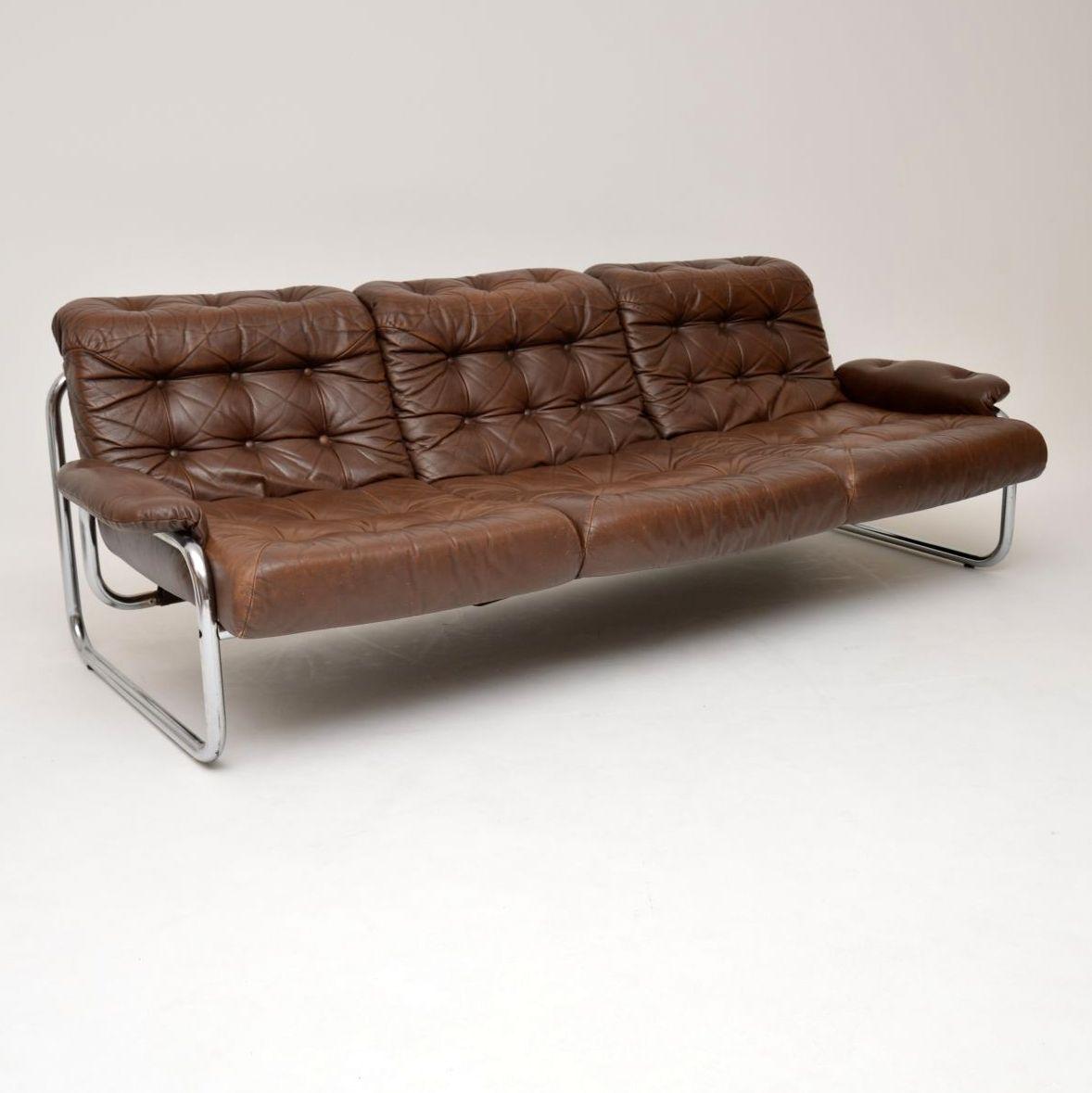 1970s Vintage Leather and Chrome Sofa by Rodney Kinsman for OMK at
