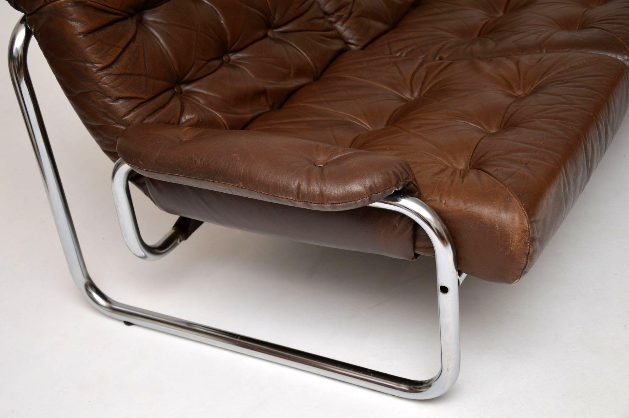1970s Vintage Leather and Chrome Sofa by Rodney Kinsman for OMK at