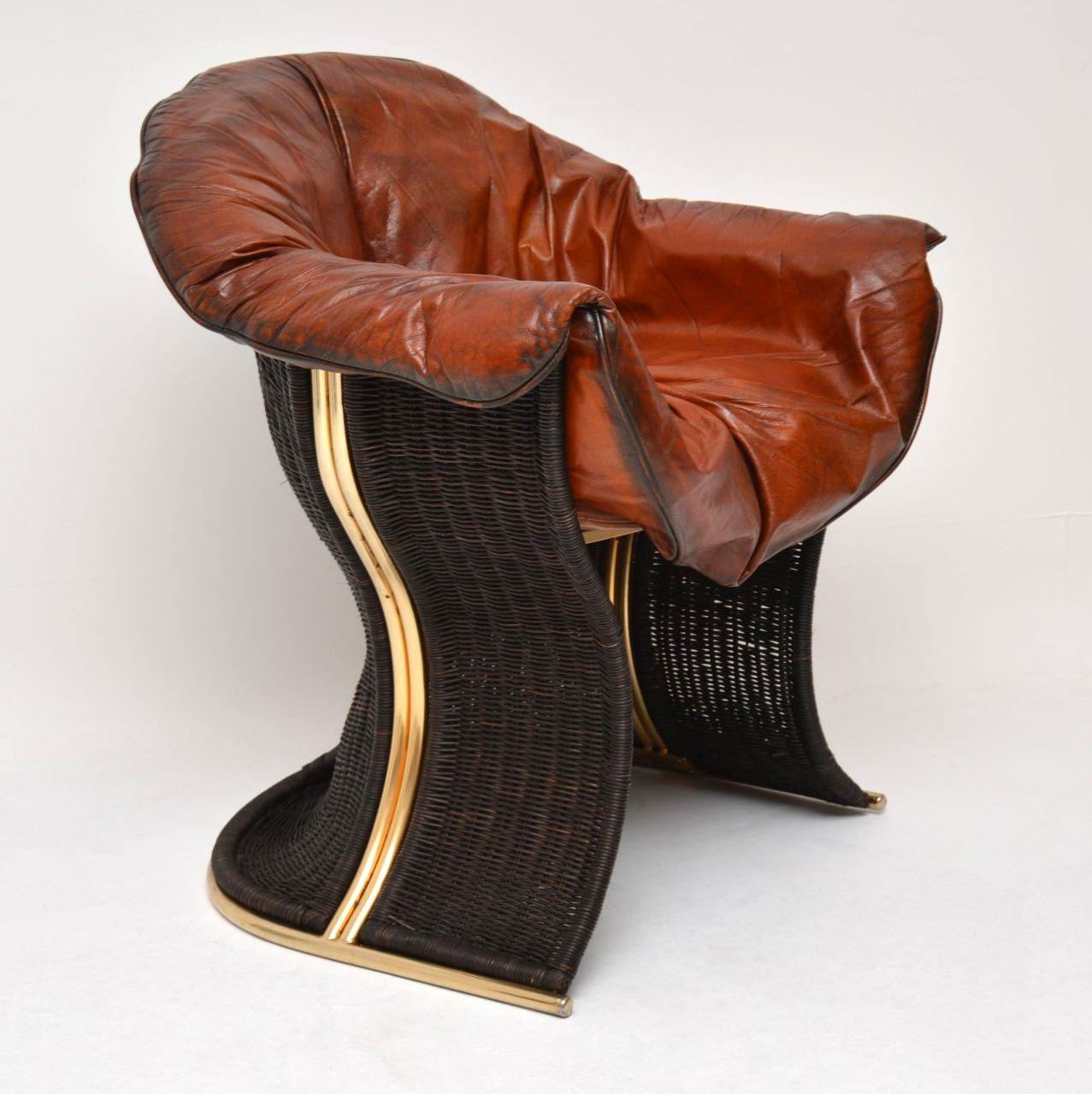 Mid-Century Modern 1970s Vintage Leather & Wicker ‘Venus’ Armchair by Pieff