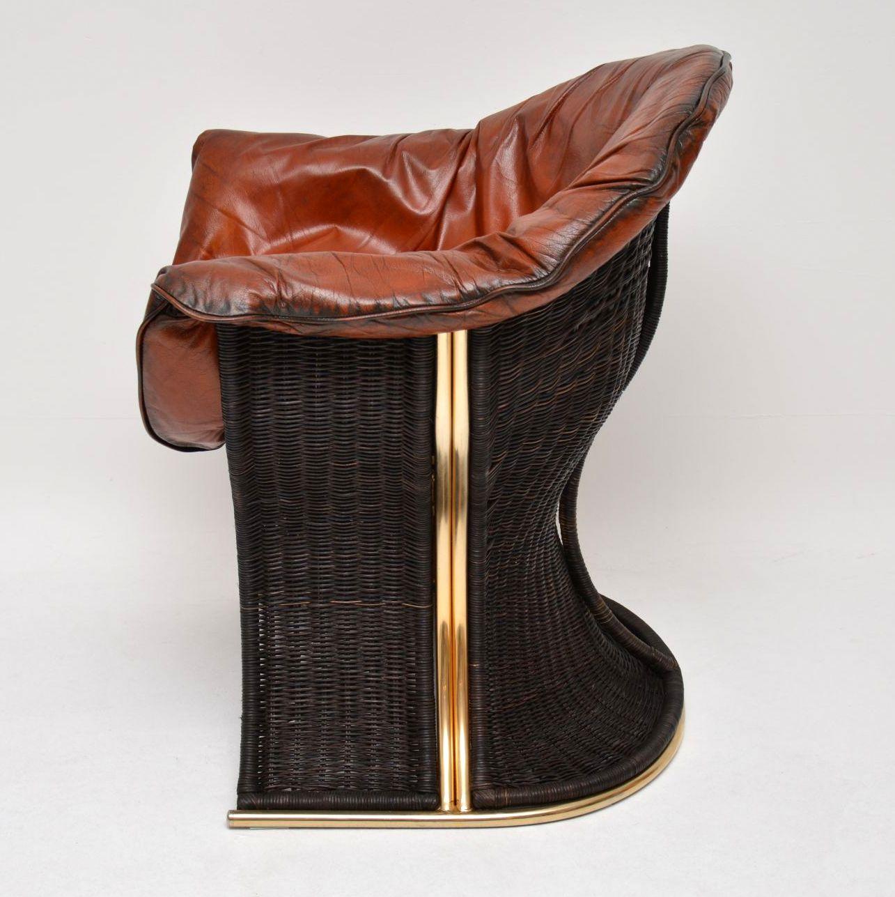 Mid-Century Modern 1970’s Vintage Leather & Wicker ‘Venus’ Armchair by Pieff
