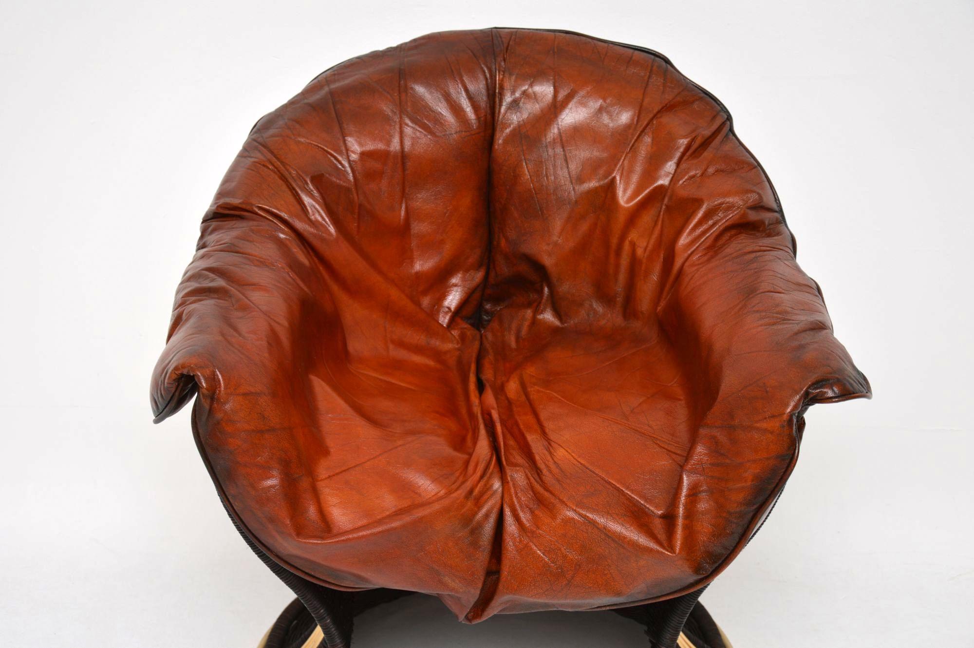 English 1970’s Vintage Leather & Wicker ‘Venus’ Armchair by Pieff