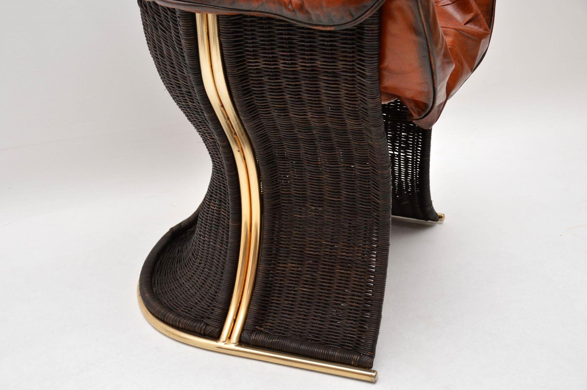 20th Century 1970s Vintage Leather & Wicker ‘Venus’ Armchair by Pieff