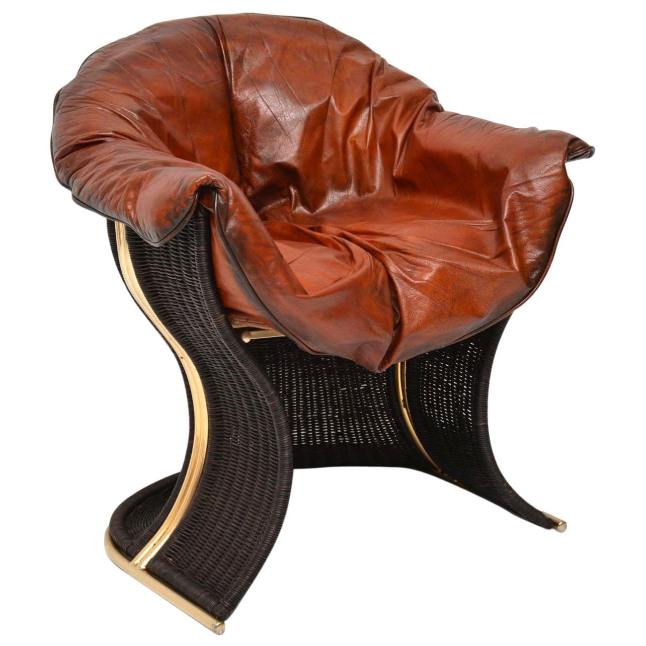 1970’s Vintage Leather & Wicker ‘Venus’ Armchair by Pieff